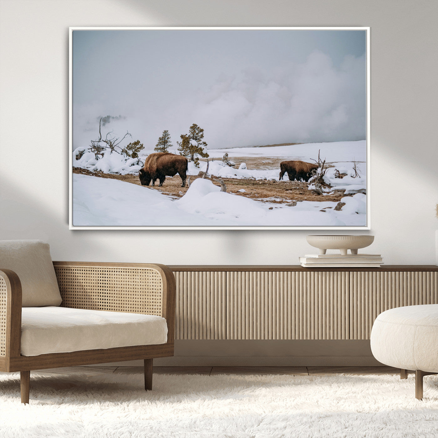 Two bison grazing in a snowy open landscape with misty hills in the background, creating a peaceful and rustic winter scene.