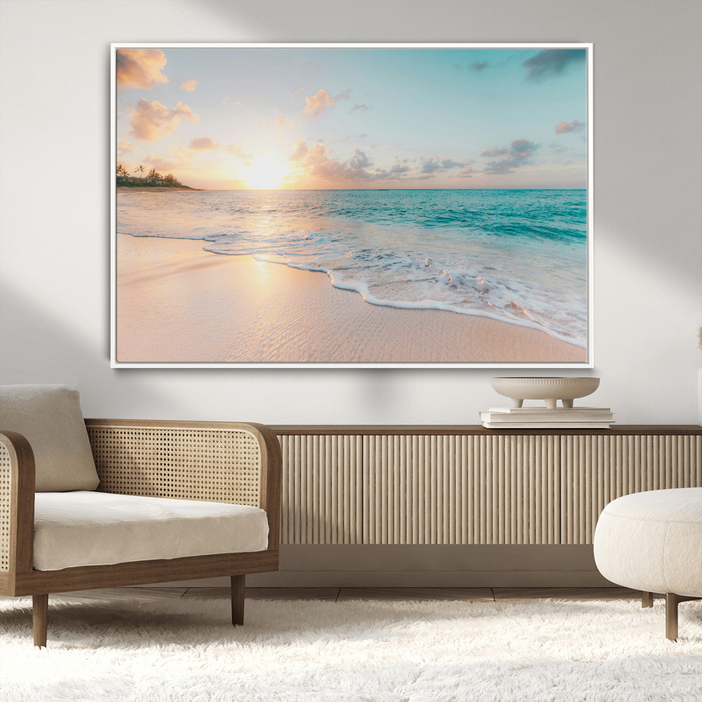 Golden sunset over a tropical beach with gentle ocean waves and soft white sand, creating a peaceful and relaxing coastal scene.