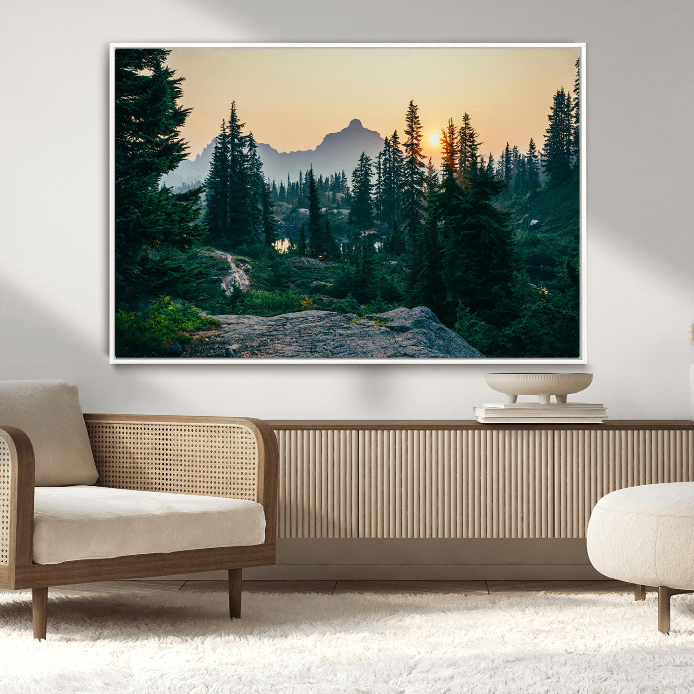 Mountain landscape with evergreen trees at sunset, casting a golden glow over the wilderness, creating a peaceful and rustic nature scene.