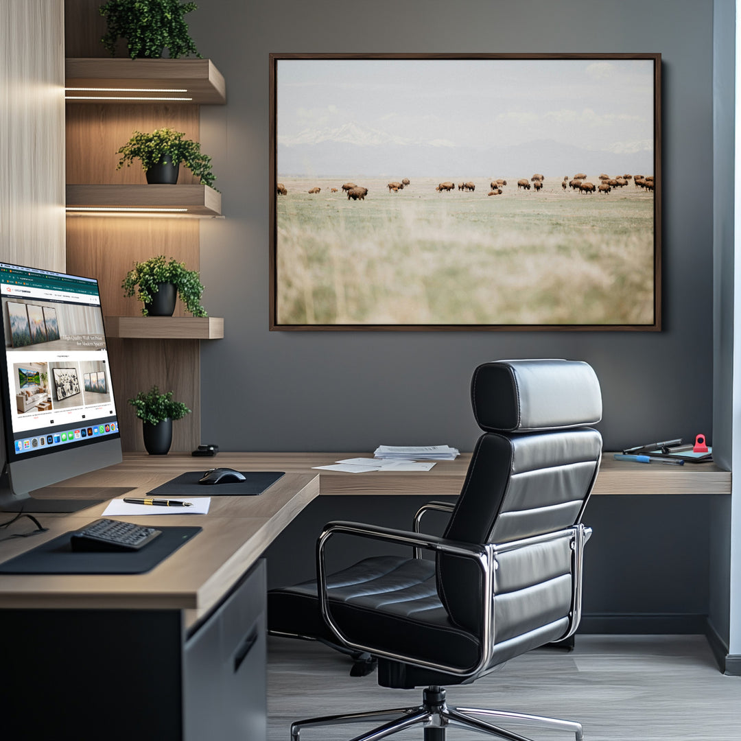 Bison Herd Wall Art Canvas Print, Framed Western Art Picture Print, Bison Perfect Ranch Decor Artwork