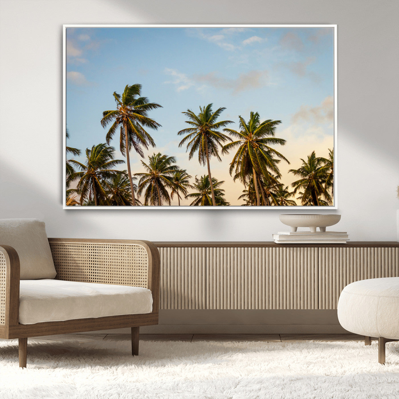 Tall palm trees swaying under a soft sunset sky, creating a tropical and relaxing atmosphere, perfect for coastal and beach-inspired wall art.