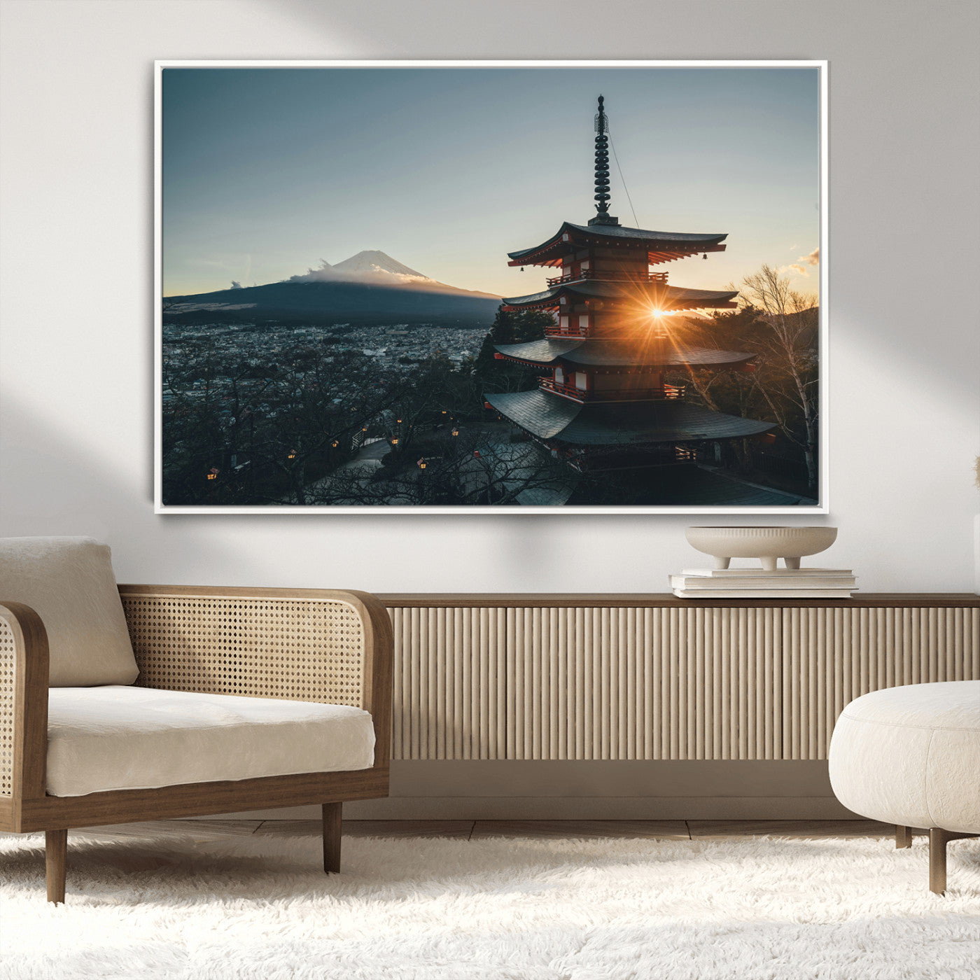 Chureito Pagoda at sunset with Mount Fuji in the background, city lights below, and golden sun rays, ideal for Japanese-inspired wall art.