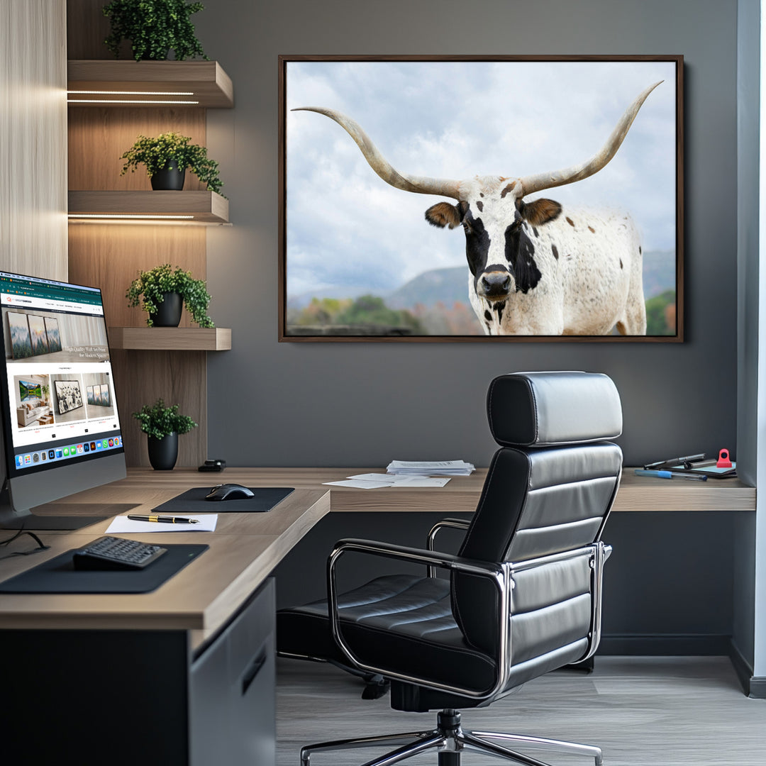 Texas Longhorn Wall Art Canvas Print, Framed Western Rustic Art Picture Print, Farmhouse Decor Perfect Farmhouse Decor Artwork