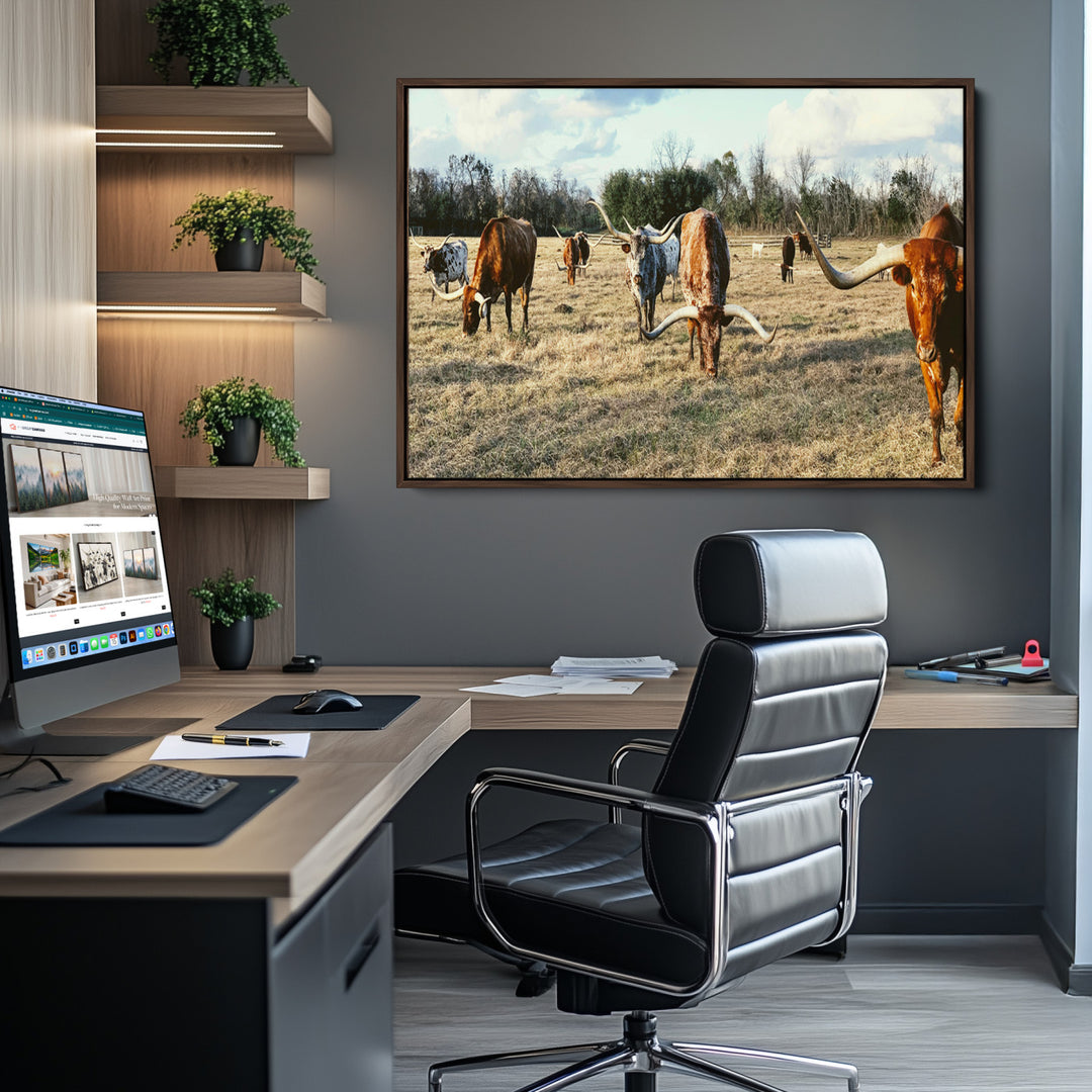 Texas Longhorns Wall Art Canvas Print, Framed Rustic Farm Scene Art Picture Print, Western Cattle Print Canvas Perfect Rustic Farmhouse