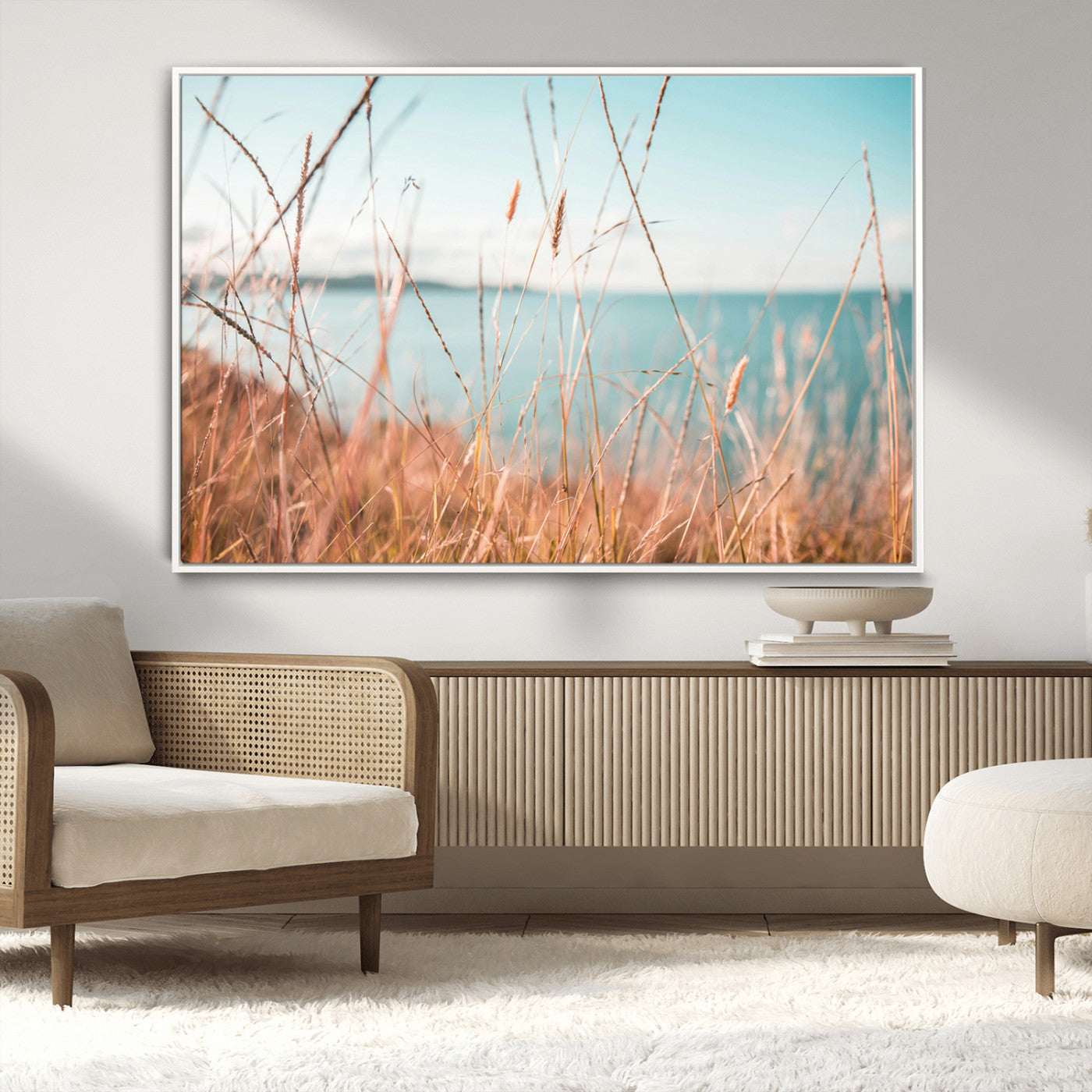 36108696-MGV-CV-36X24-Golden Beach Grass Ocean Breeze Soft Focus Tranquil Coastal Calm Blue Sky Seascape Nature Wall Art Canvas Print