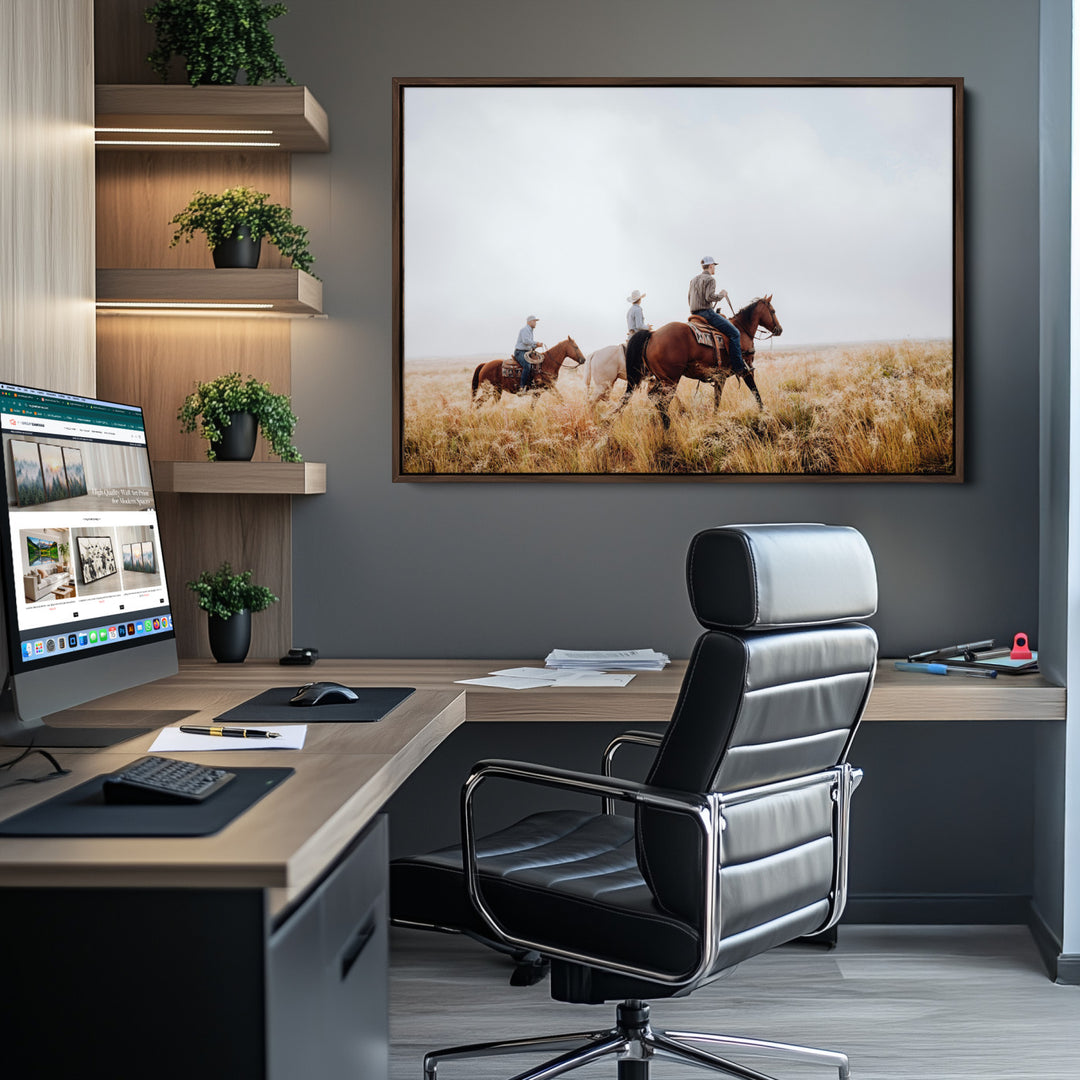 Western Cowboys Wall Art Canvas Print, Framed Rustic Prairie Art Picture Print, Horseback Riding Print Canvas, Perfect Rustic Western Decor