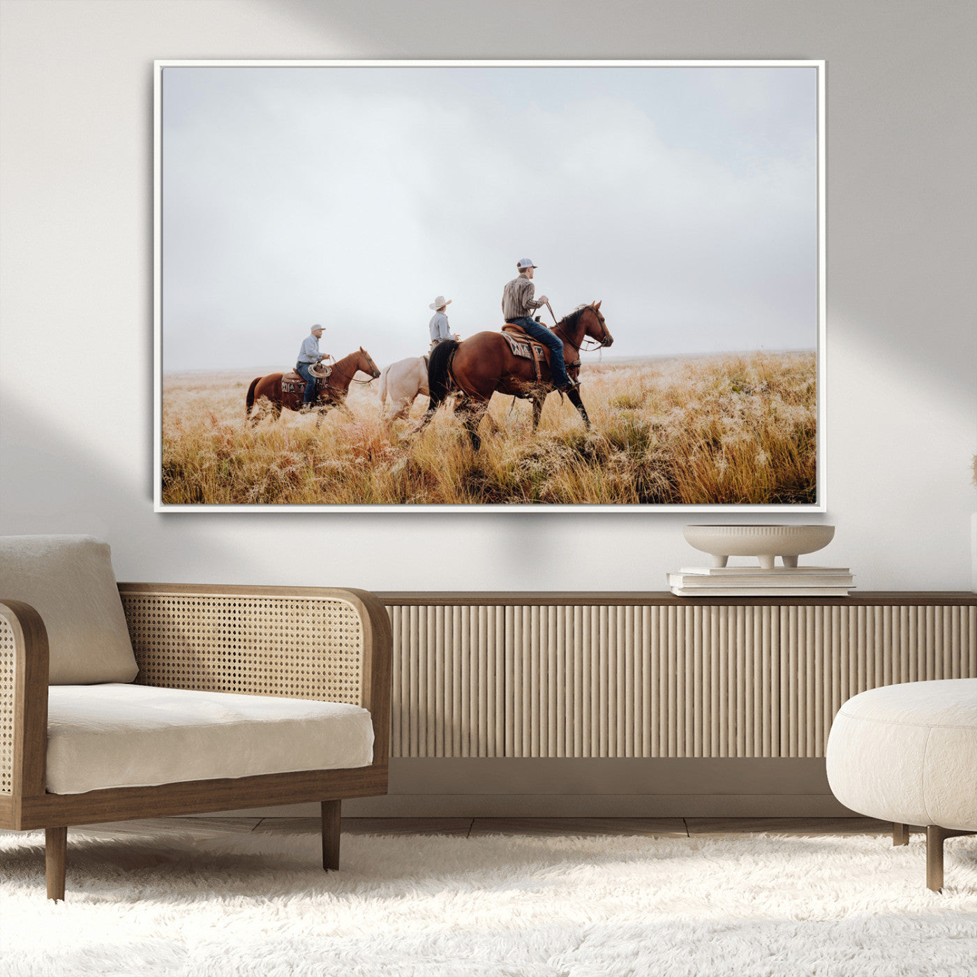 Three cowboys riding horses through a foggy prairie landscape, dressed in Western attire, evoking a rustic and adventurous Wild West aesthetic.