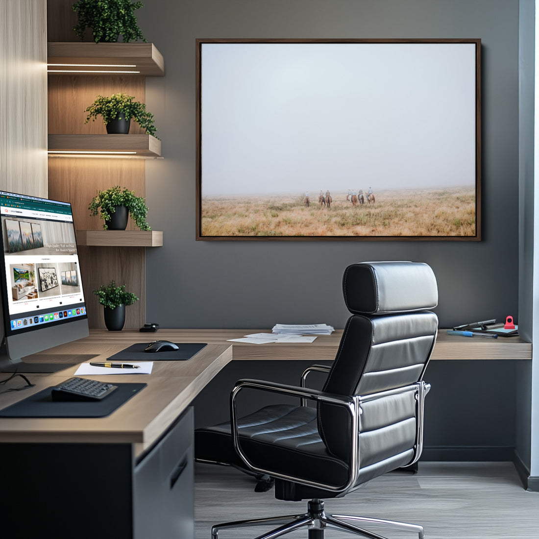 Foggy Plains Wall Art Canvas Print, Framed Horseback Riders Rustic Western Scene
