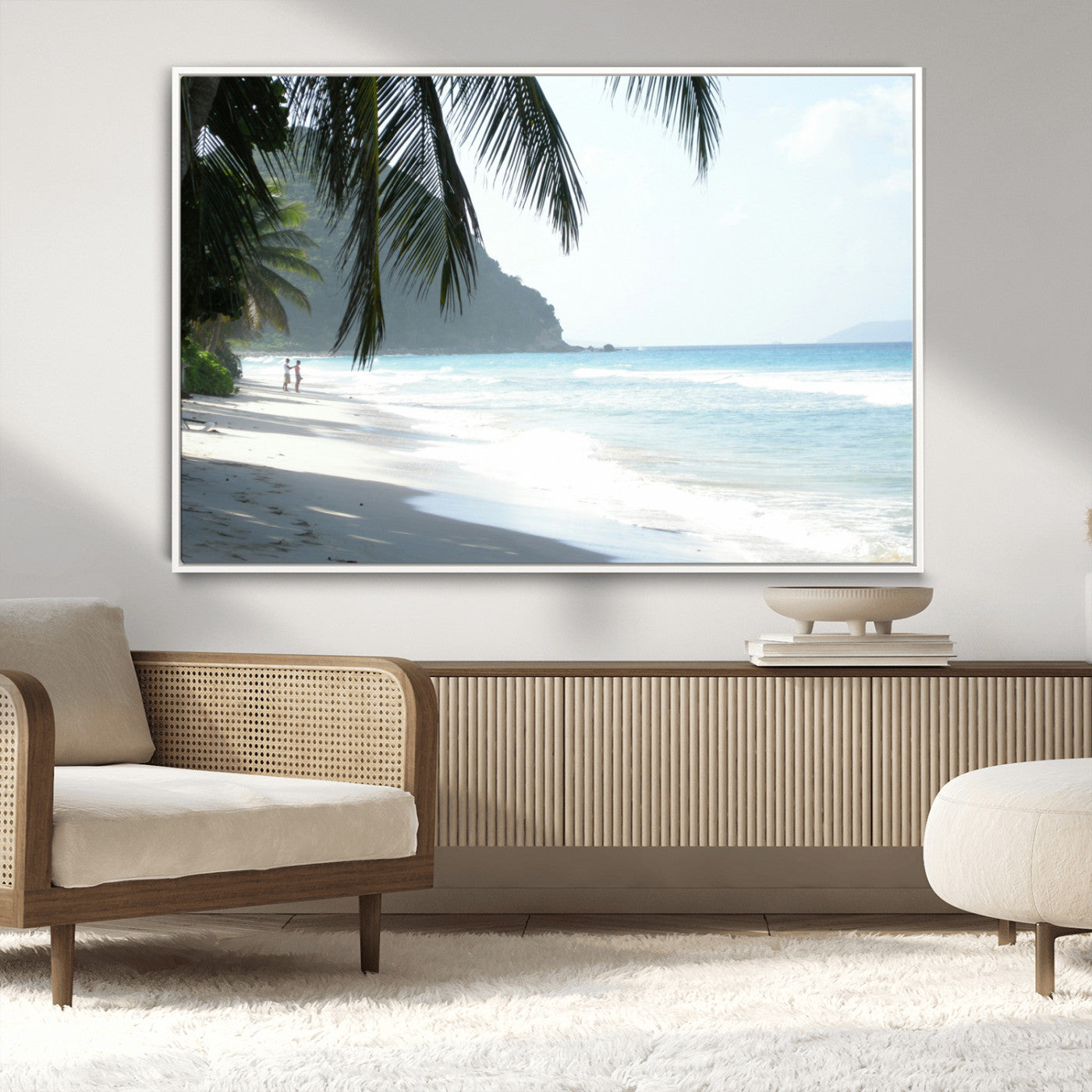 Tropical beach with palm tree shadows, white sand, and turquoise ocean waves, creating a serene and relaxing island escape atmosphere.