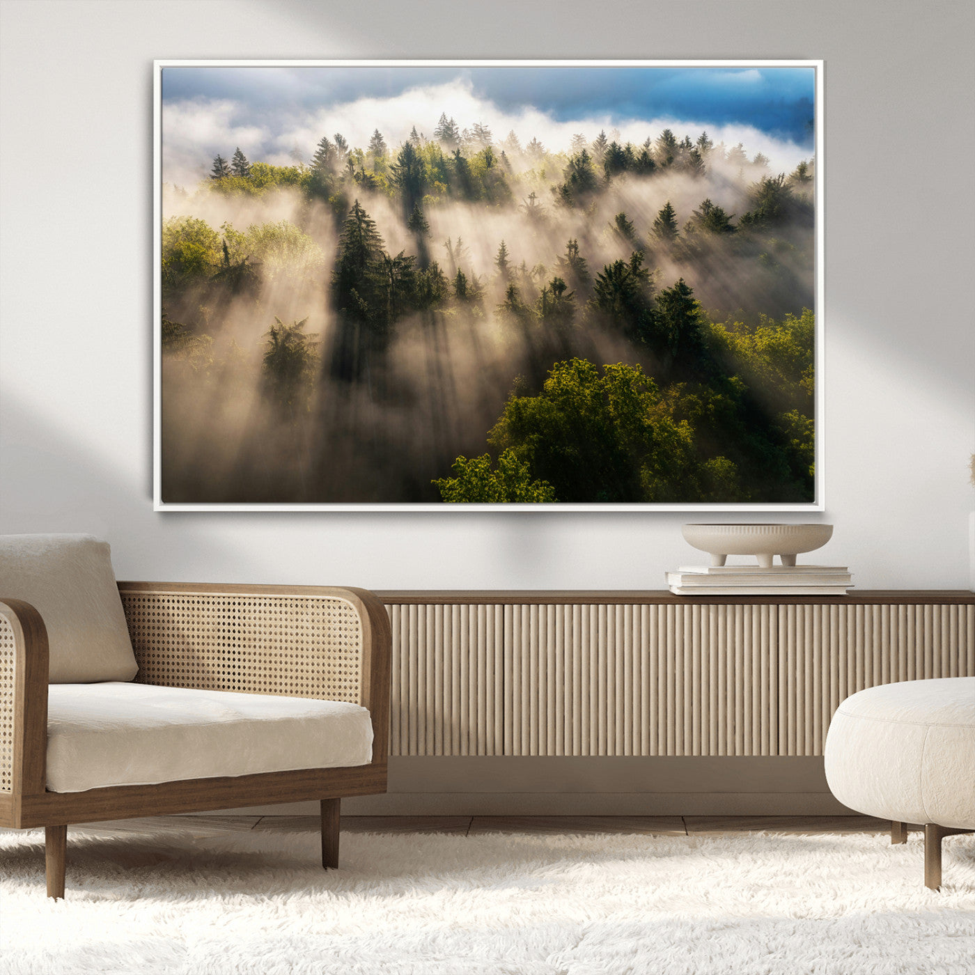 Sunlight streaming through misty pine trees in a lush green forest, creating a serene and atmospheric landscape, perfect for nature-inspired decor.