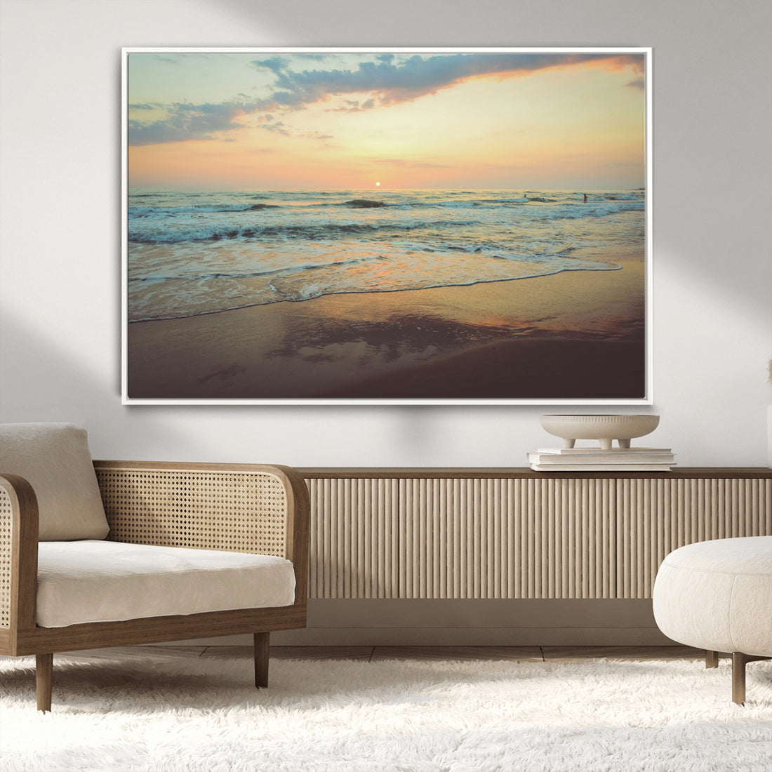 Sunset Seascape Wall Art Canvas Print, Framed Pastel Ocean View with Tranquil Shoreline