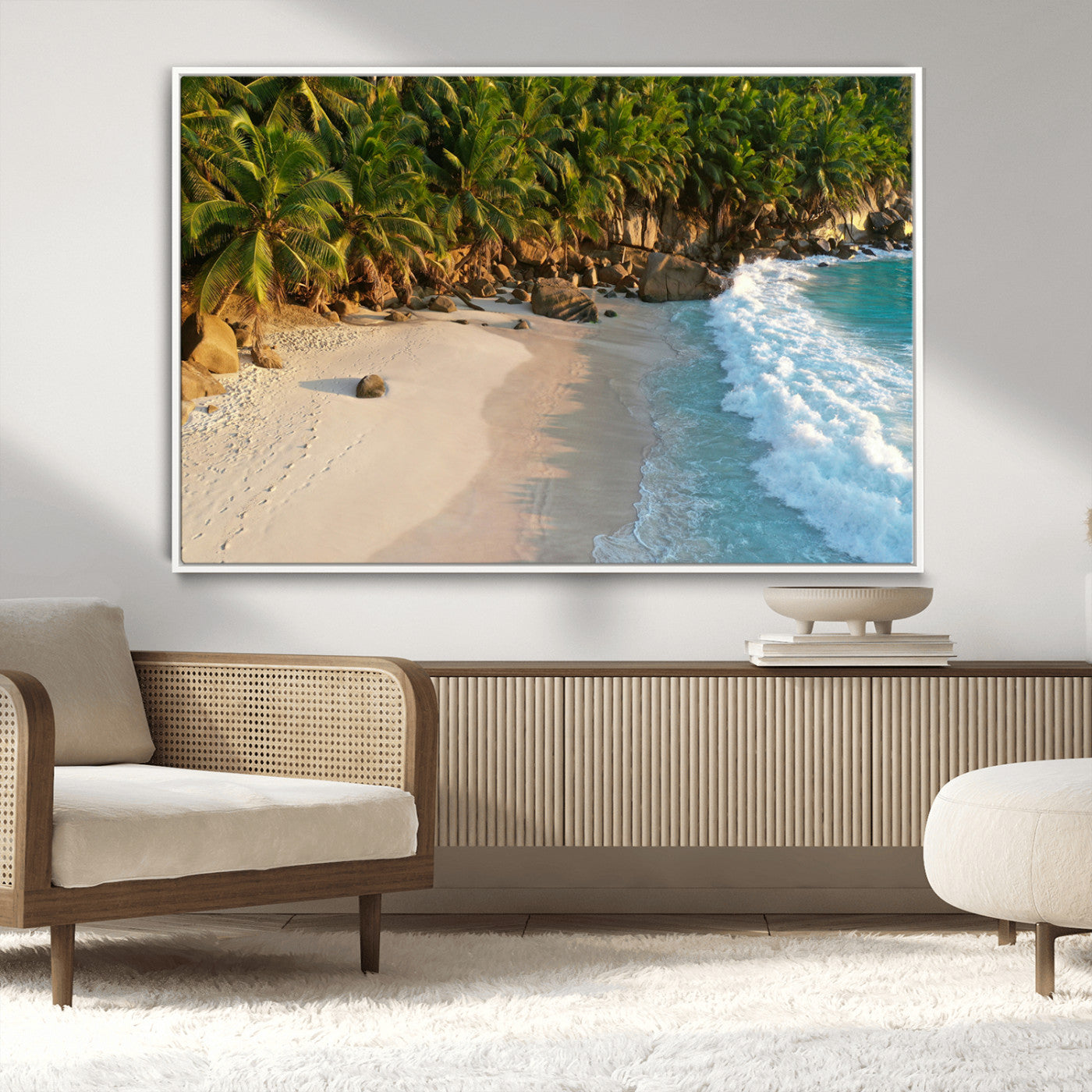 Tropical beach with golden sand, turquoise ocean waves, and lush palm trees, creating a serene coastal paradise for beach-themed decor.