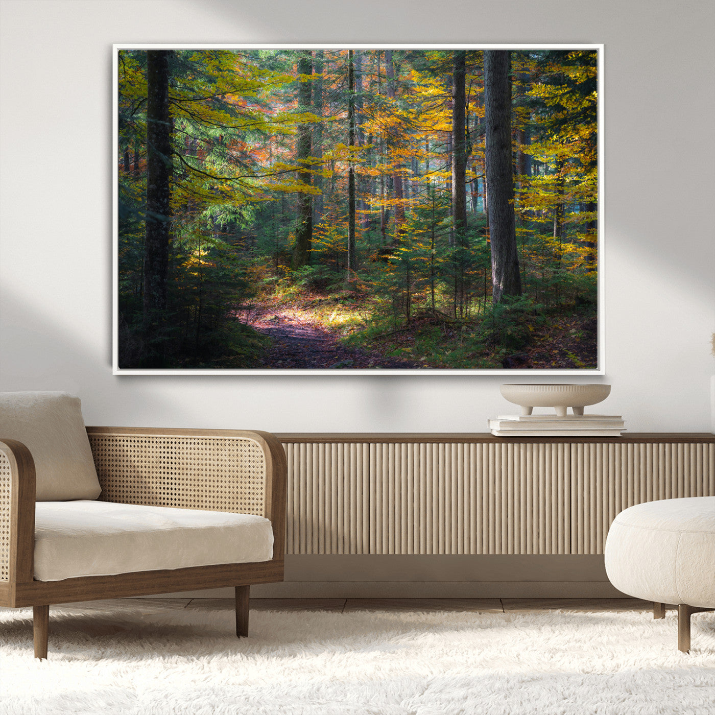 A serene autumn forest with golden and green leaves, a misty atmosphere, and a sunlit pathway, creating a tranquil nature-inspired wall art piece.