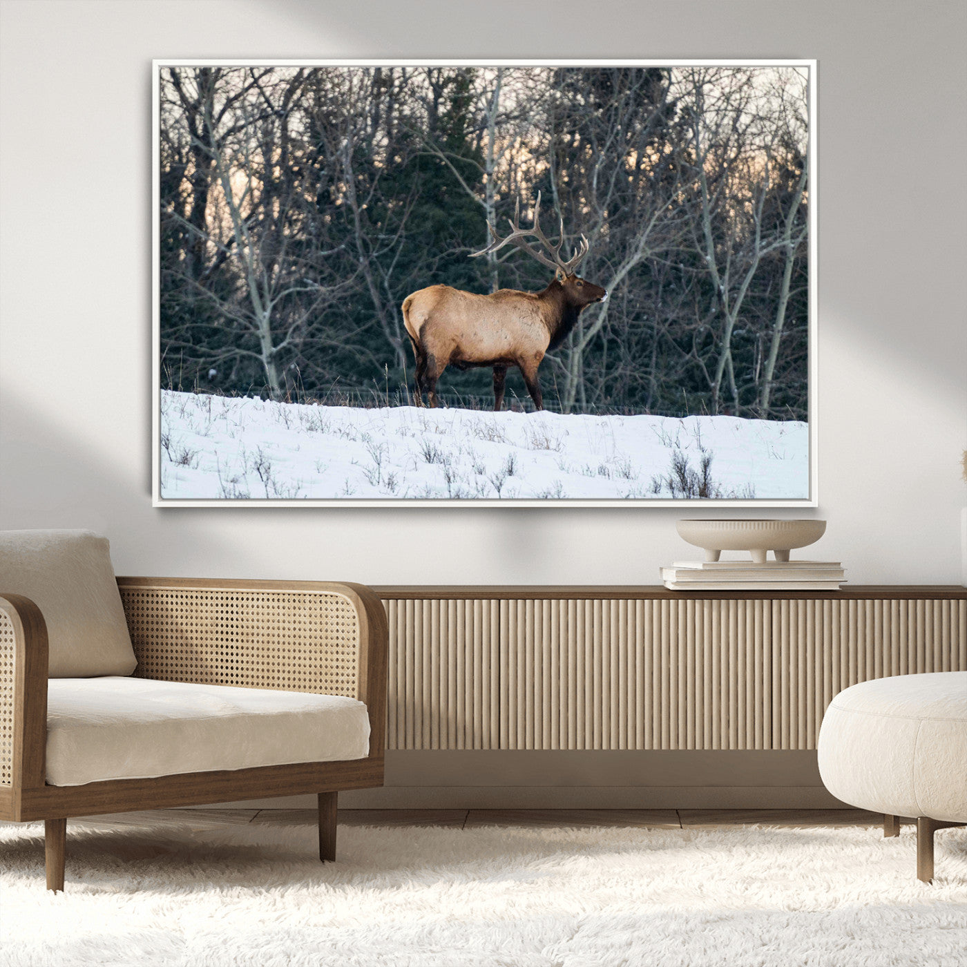 A majestic elk with large antlers standing in a snowy field against a winter forest backdrop, perfect for rustic and wildlife-themed home decor.