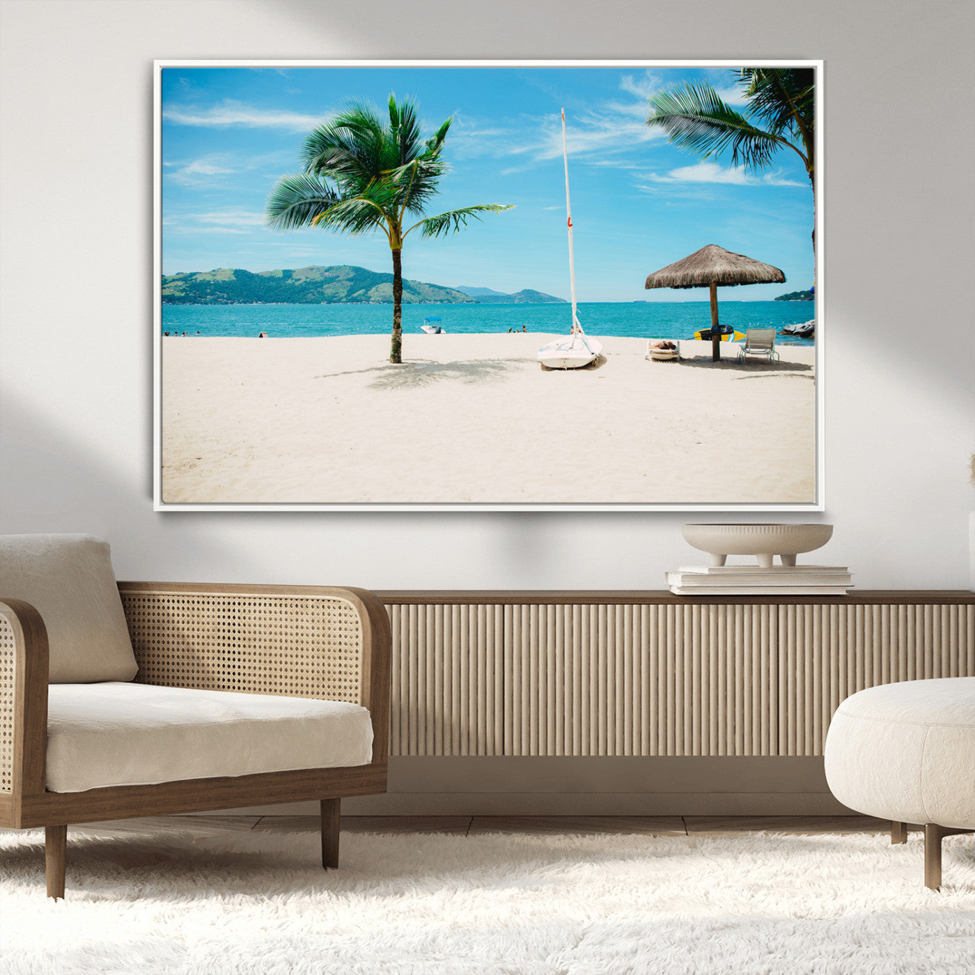 Tropical beach scene with palm trees, a white sailboat, and turquoise ocean waters under a bright blue sky, creating a peaceful summer vibe.