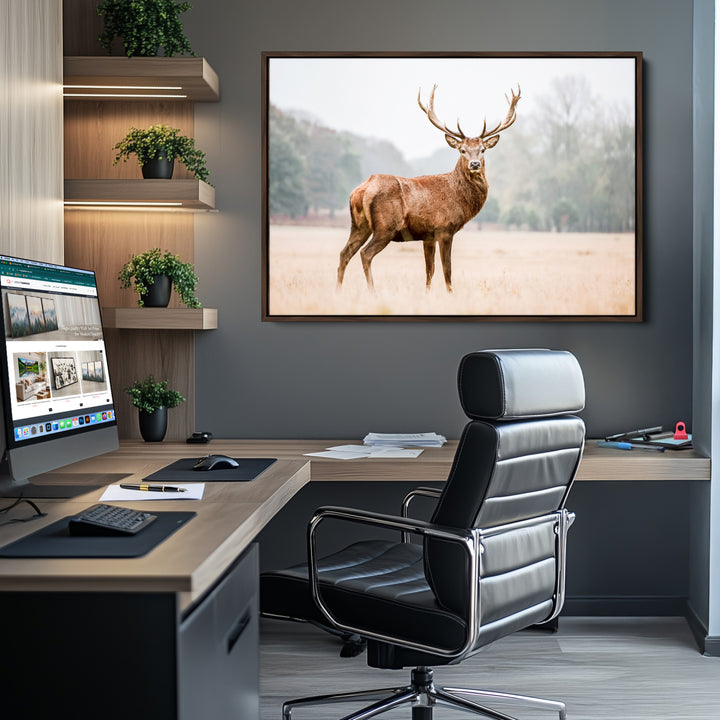 Vintage Wildlife Canvas Print, Framed Misty Landscape Art Picture Print, Deer Wall Art Perfect Rustic Wildlife Decor Artwork