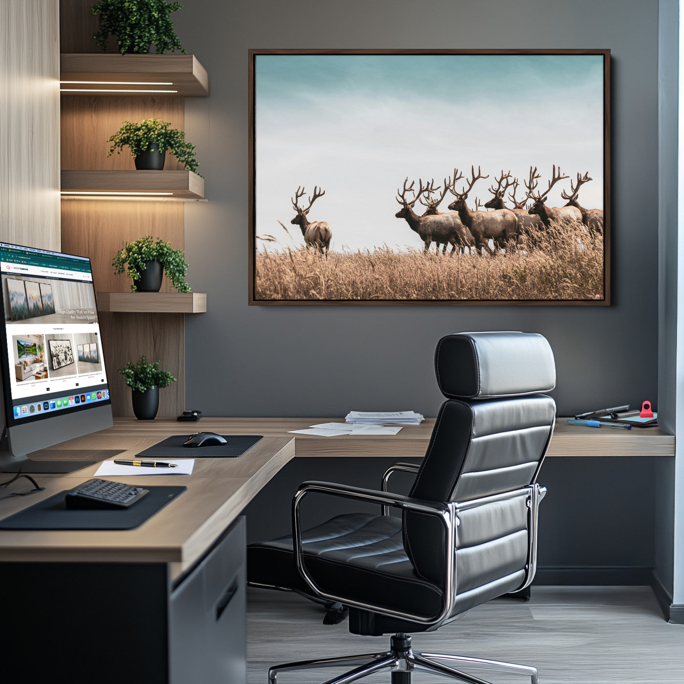 Elk Herd Wall Art Canvas, Antler Canvas Print, Framed Wildlife Photography Art Picture Print, Rustic Nature Print Perfect Rustic Wildlife