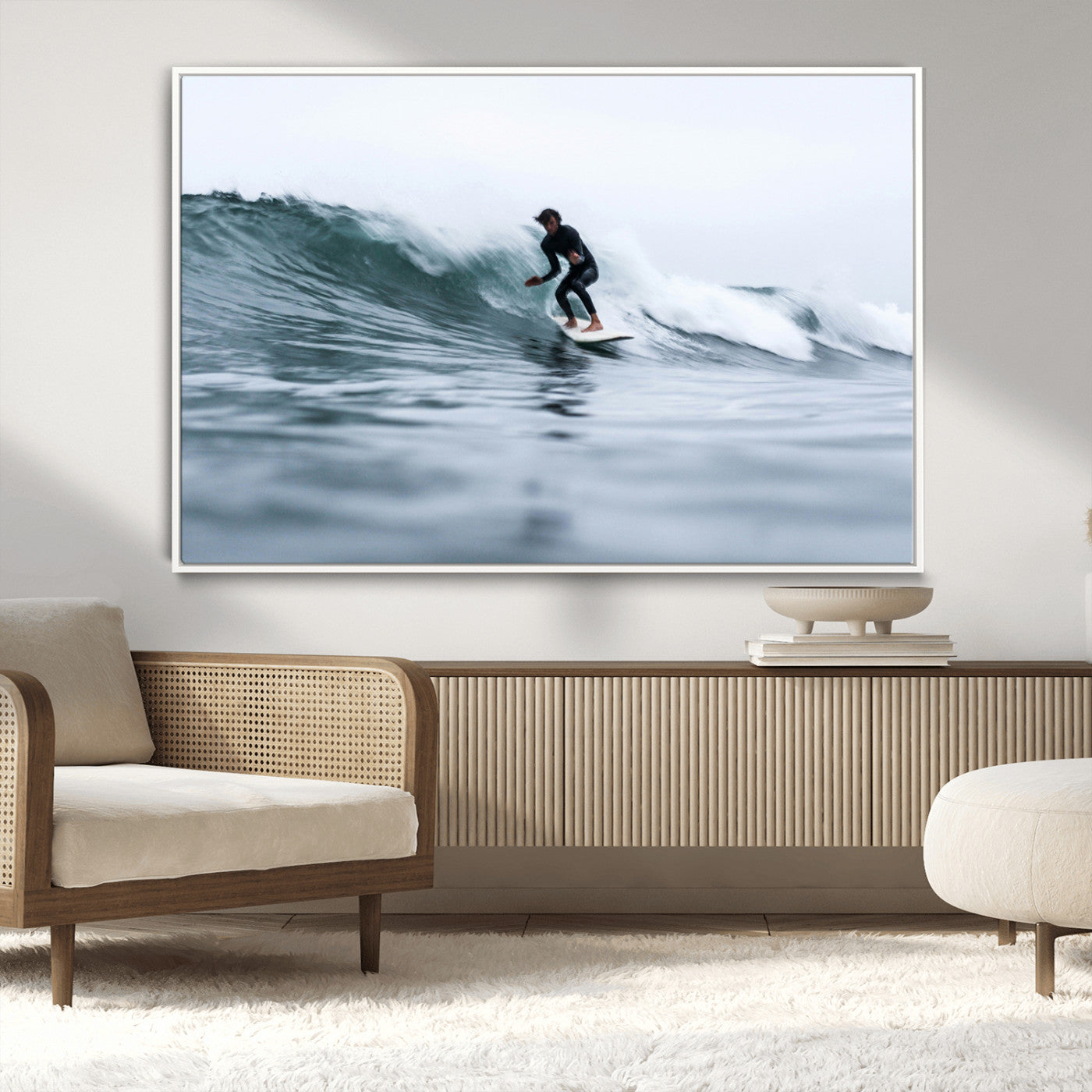 MGV-FC-36X24 - Surfer on Wave Wall Art Canvas Print, Framed Ocean Adventure Art Picture Print, Motion Blur Water Perfect Coastal Adventure Decor Artwork