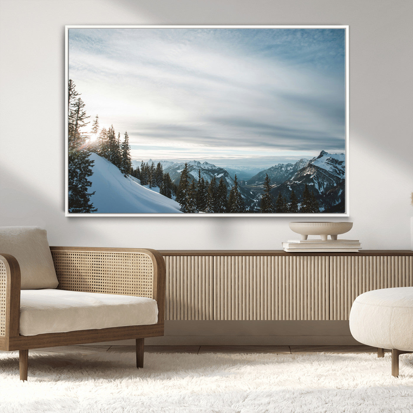 MGV-FC-36X24 - Snowy Mountains Wall Art Canvas Print, Framed Alpine Landscape Art Picture Print, Frosty Peaks Perfect Nordic Minimalist Decor Artwork