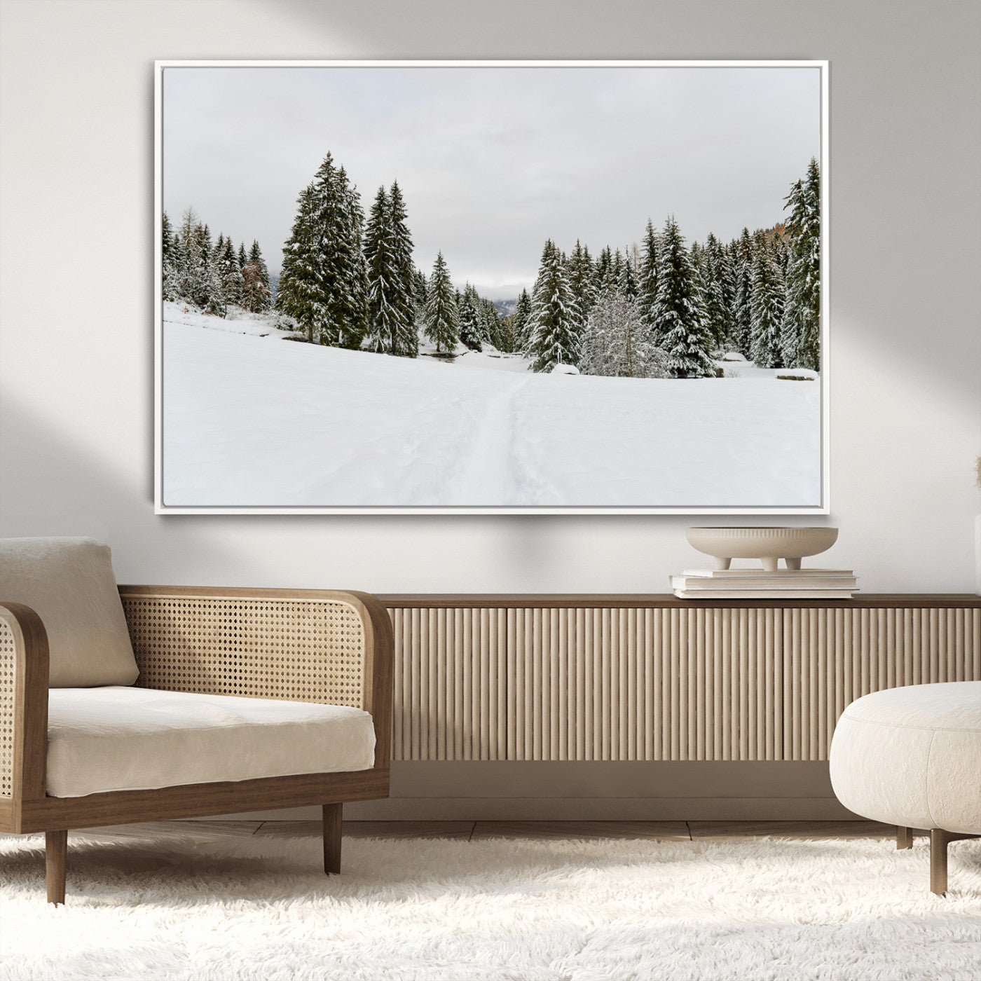 MGV-FC-36X24 - Frosty Pines Wall Art Canvas Print, Framed Silent Snowfall Art Picture Print, Cozy Cabin Vibes Perfect Nordic Minimalist Decor Artwork