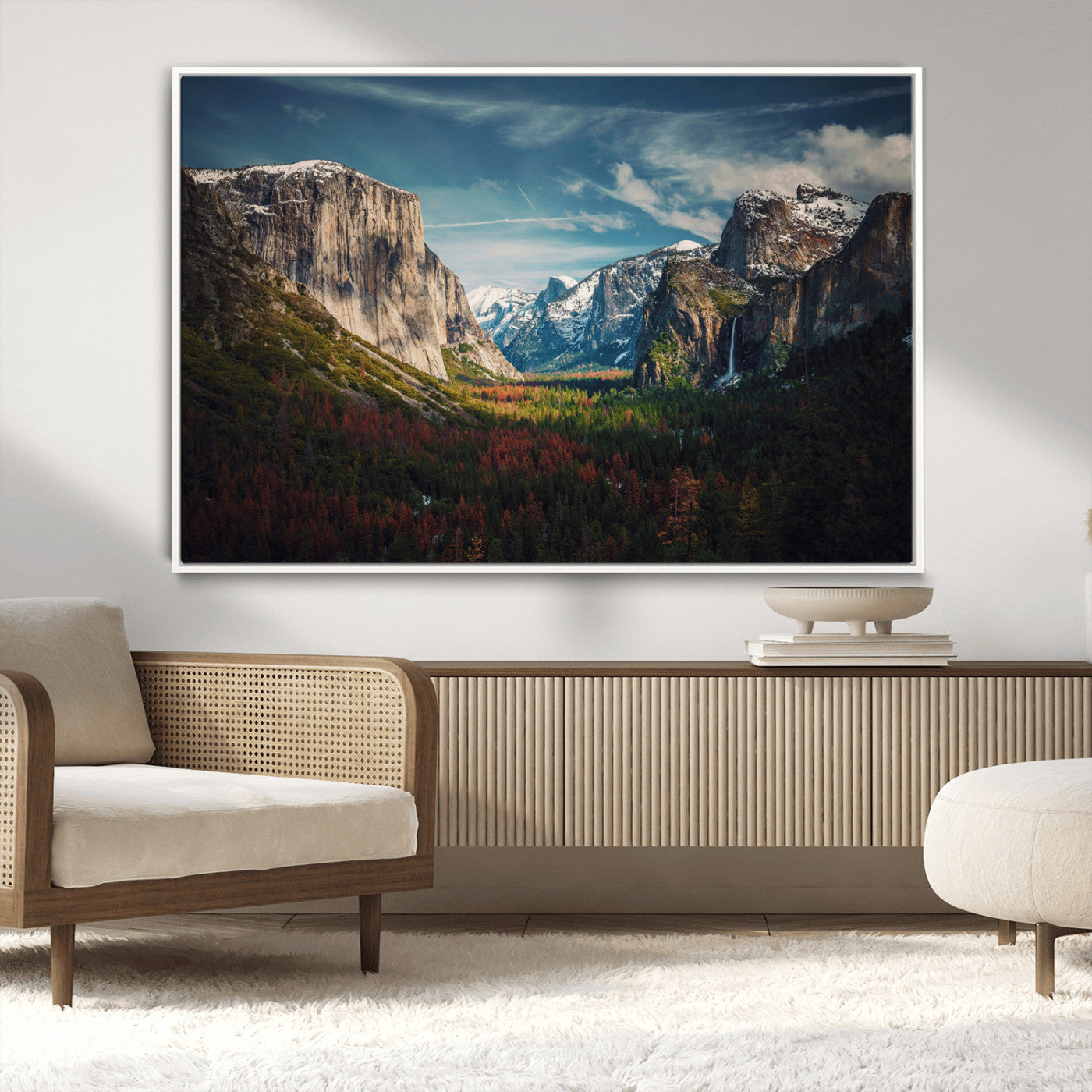Framed canvas print of Yosemite National Park, featuring El Capitan and a scenic waterfall, ideal for rustic farmhouse or adventure-themed home decor.