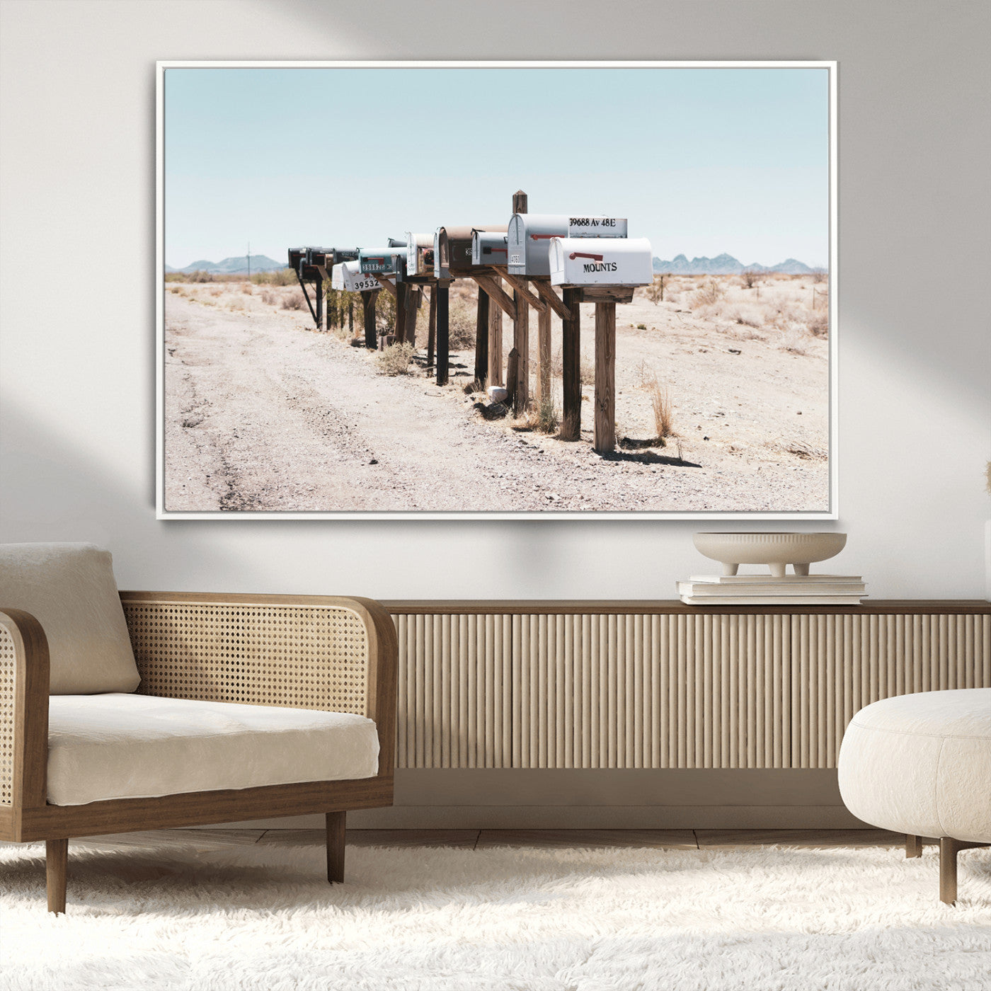 MGV-FC-36X24 - Desert Mailboxes Canvas Print – Minimal Western Landscape Photography, Rustic Americana Wall Art for
