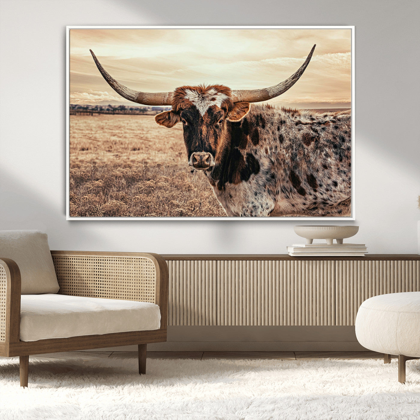 Close-up of a longhorn cow with distinctive curved horns standing in a dry grass field under a cloudy sky.