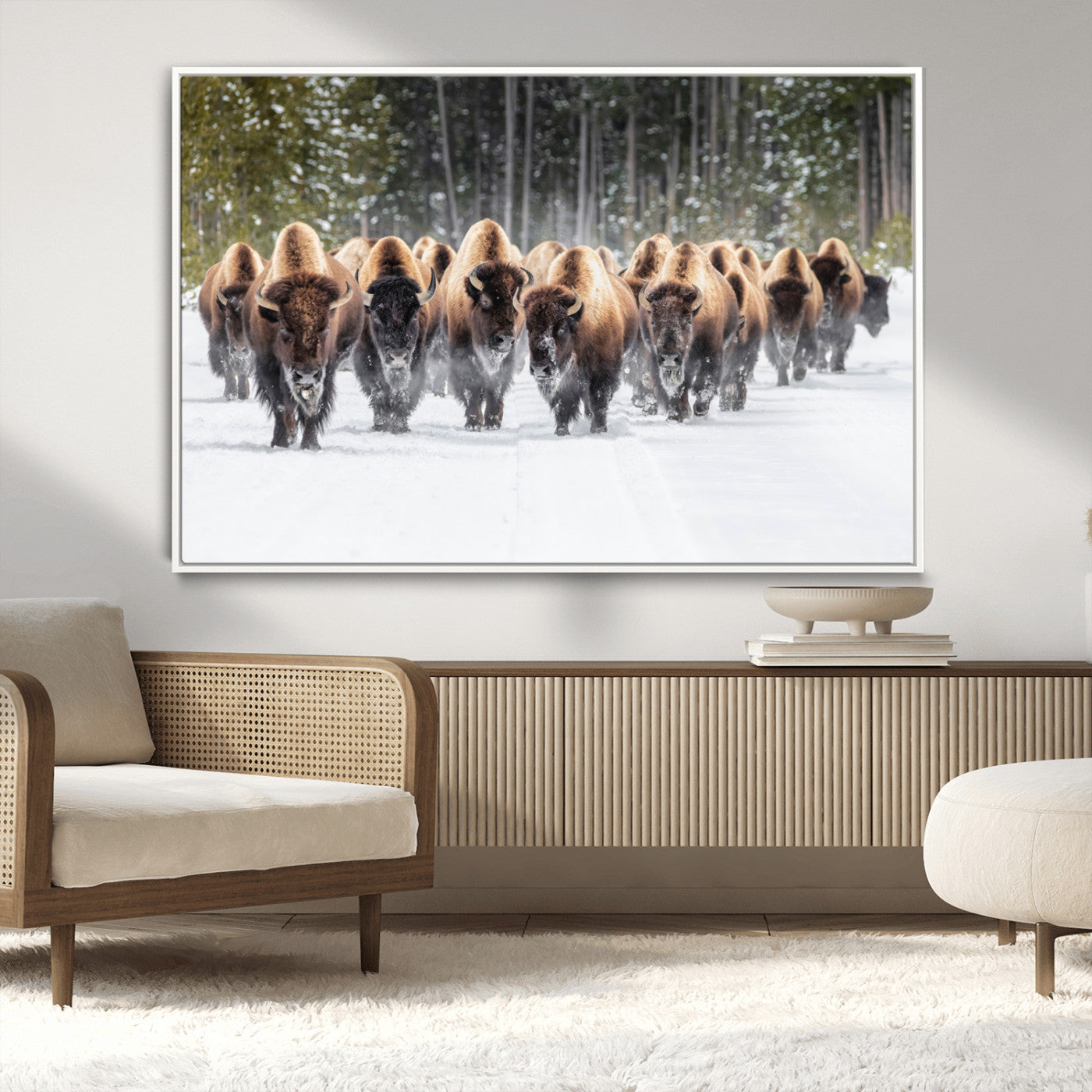American Bison Herd in Snow Wall Art Canvas Print – Powerful Winter Wildlife Scene with Buffalo in Motion, Perfect for Rustic Lodge or Western Cabin Decor