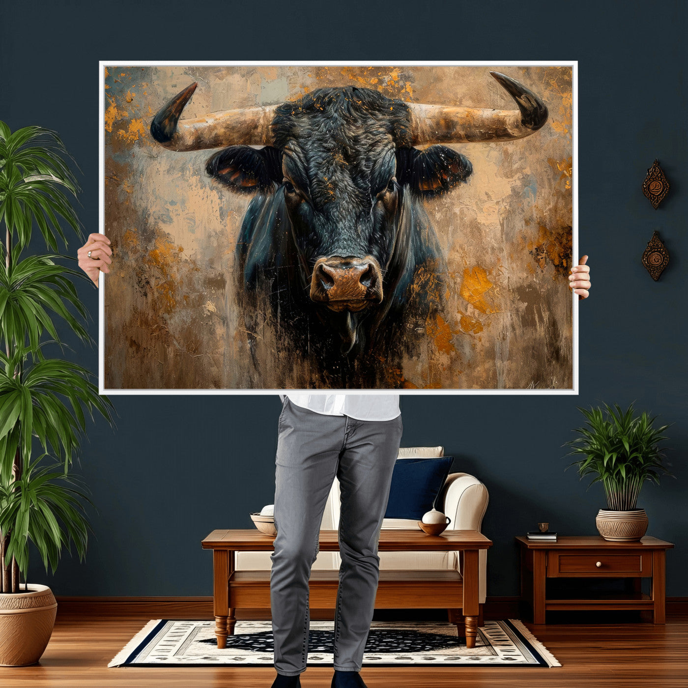 91615410-MGV-CV-36X24 - Abstract Texas Longhorn Bull Wall Art – Rustic Farmhouse Canvas Print, Western Cabin Style Decor, Large Animal Artwork for Living Room or Office
