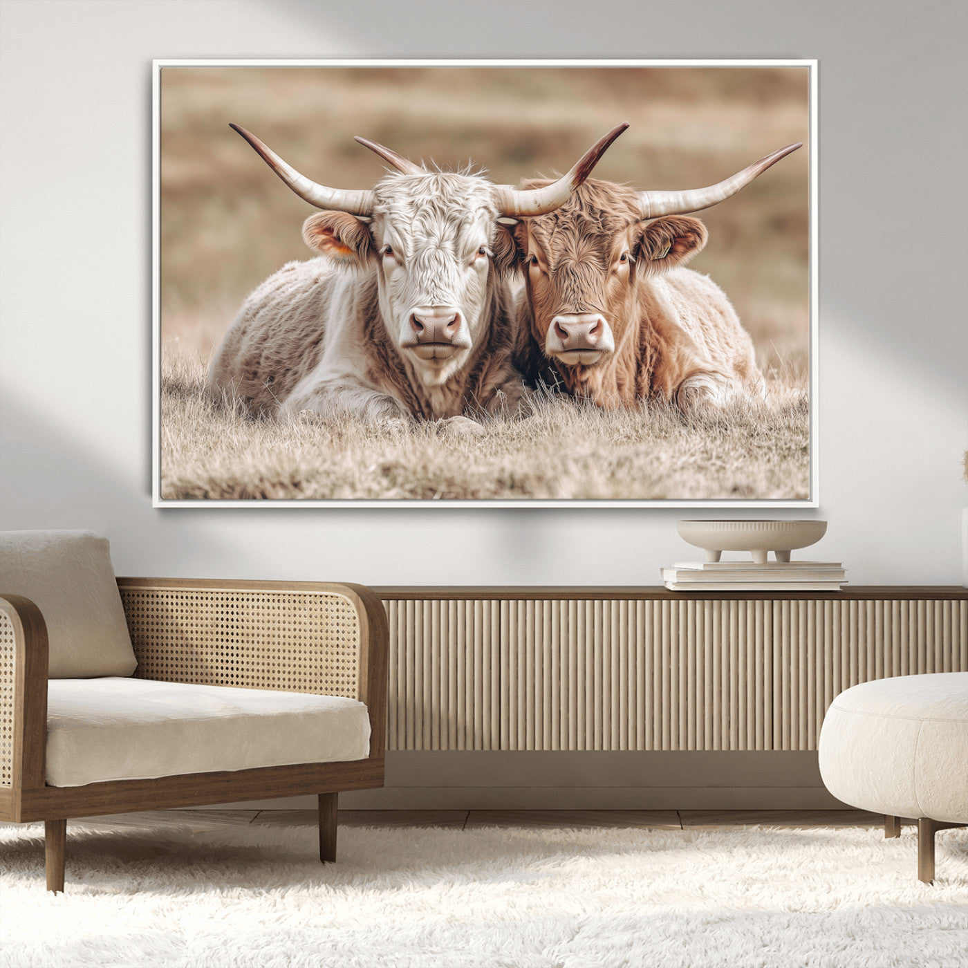 Two Highland cows with long horns lying side by side on a grassy field, featuring soft natural tones and a calm rural setting.
