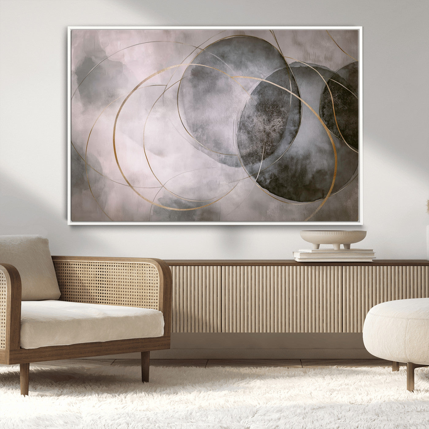 MGV-FC-36X24 - Wall Art Canvas Print Abstract Gray Black Gold Circles Soft Texture Modern Minimalist Artistic Home Decor Contemporary Elegant Stylish Unique