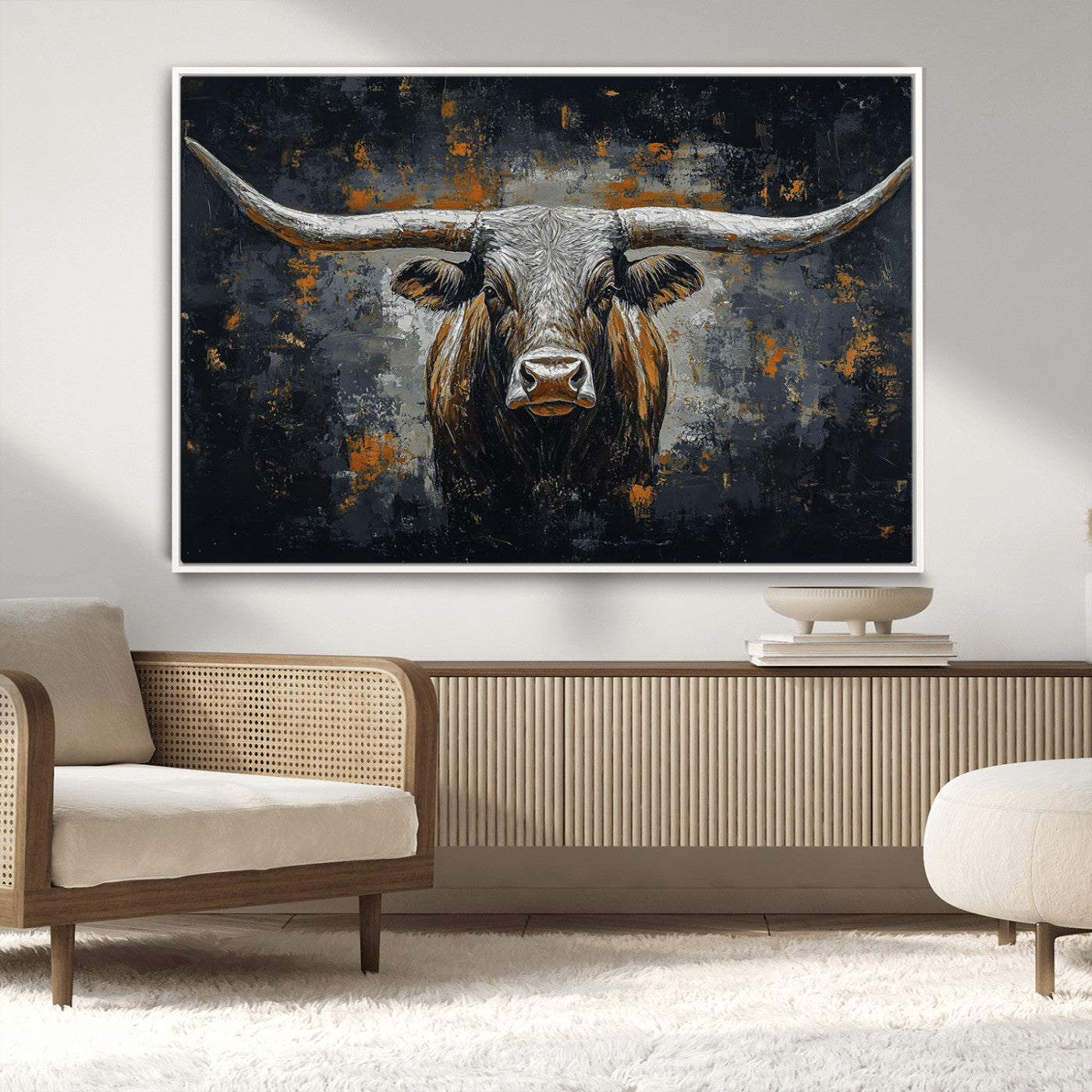 93195031-MGV-FC-36X24_White-Rustic Longhorn Bull Wall Art Canvas Print – Vintage Western Cattle Painting, Texas Steer Artwork for Ranch, Farmhouse or Cowboy Decor