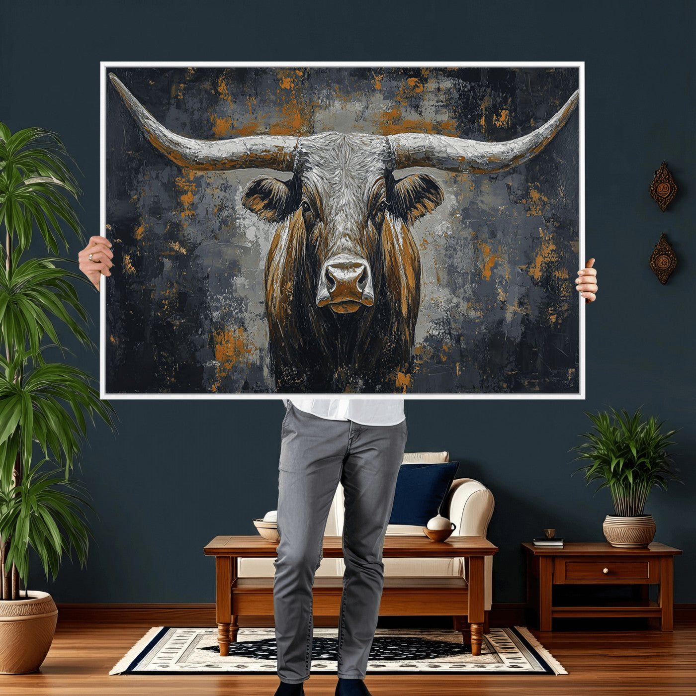73972561-MGV-CV-36X24 - Bold Bull Wall Art Canvas – Striking Portrait with Wide Horns and Rich Brown Hues, Rustic Farmhouse and Western Decor for Home Room