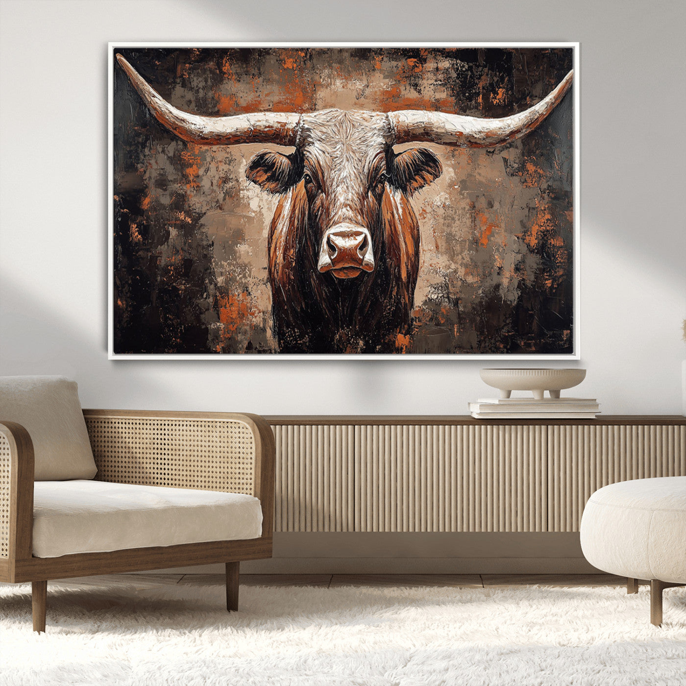 42732393-MGV-FC-36X24_White-Rustic Longhorn Bull Wall Art Canvas Print – Vintage Western Cattle Painting, Texas Steer Artwork for Ranch, Farmhouse or Cowboy Decor