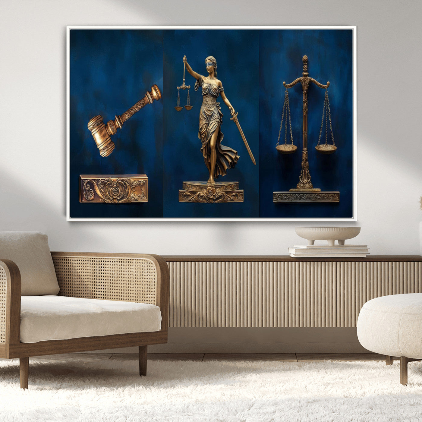 MGV-FC-36X24 - Lady Justice Wall Art Canvas Print – Elegant Gold Legal Symbols on Blue Background, Perfect for Law