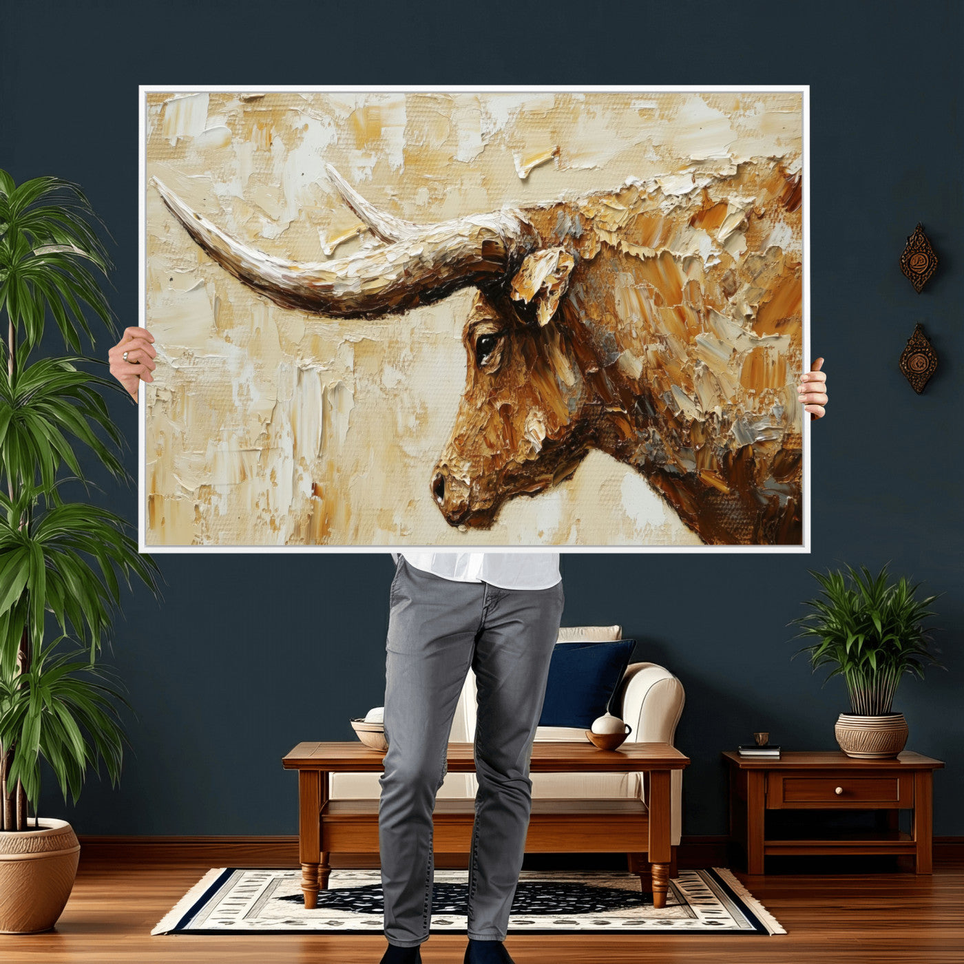69611428-MGV-CV-36X24 - Rustic Longhorn Bull Wall Art Canvas Print – Vintage Western Cattle Painting, Texas Abstract Wall Cow Prints