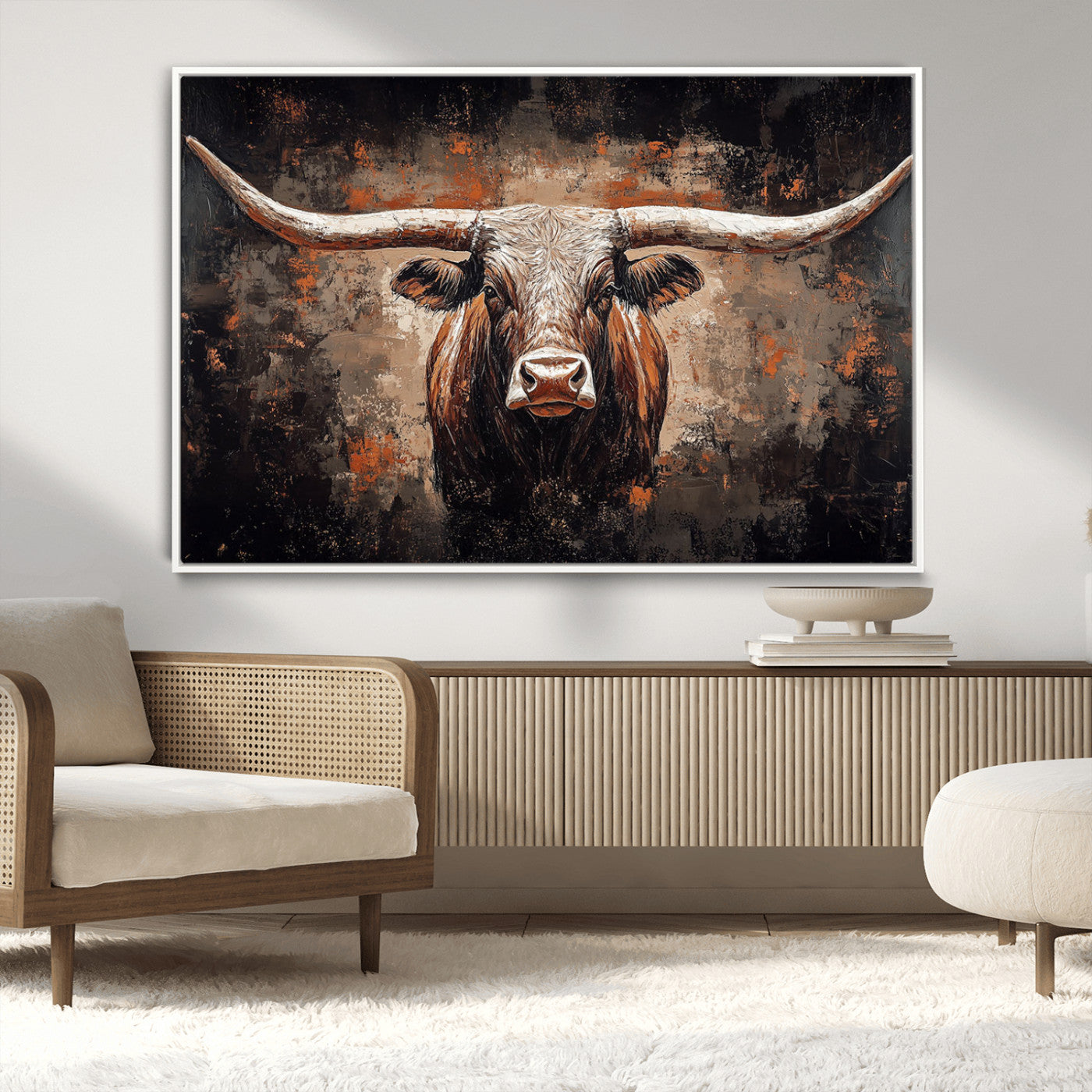 MGV-FC-36X24 - Rustic Longhorn Bull Wall Art Canvas Print – Vintage Western Cattle Painting, Texas Steer Artwork Print