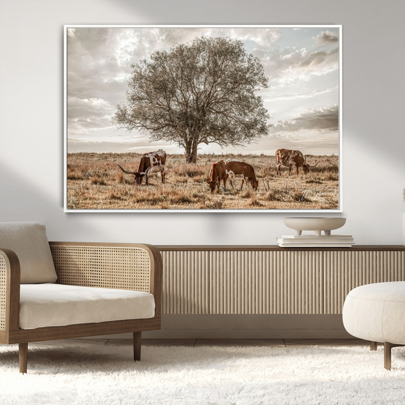 Texas Longhorn Cattle Wall Art Canvas Print – Rustic Western Ranch Scene with Steers at Sunset, Perfect for Farmhouse or Cowboy Decor
