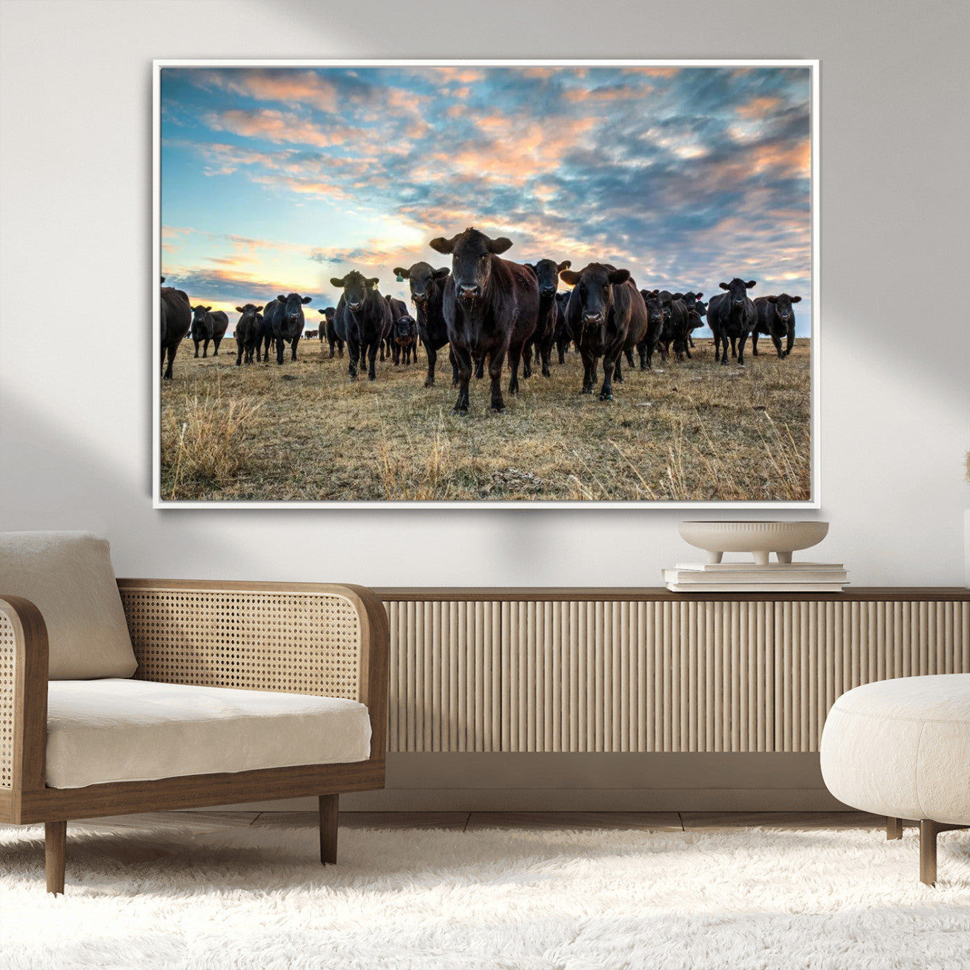 13867292-MGV-FC-36X24_White-Texas Longhorn Cattle Wall Art Canvas Print – Rustic Western Ranch Scene with Steers at Sunset, Perfect for Farmhouse or Cowboy Decor