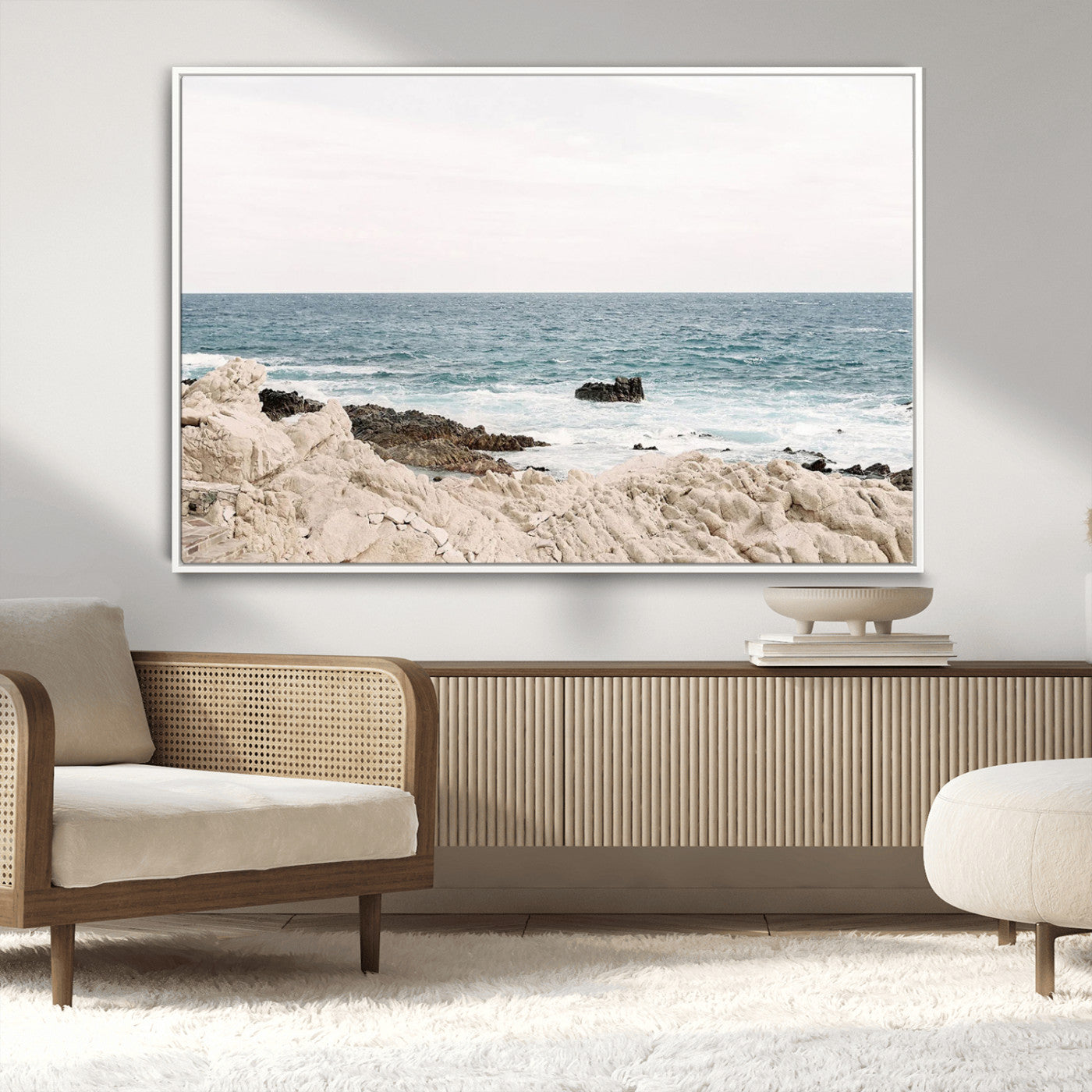 25481980-MGV-FC-36X24_White-Coastal Ocean View Wall Art Canvas Print – Serene Rocky Shoreline and Blue Sea Photography for Coastal Chic or Minimalist Home Decor