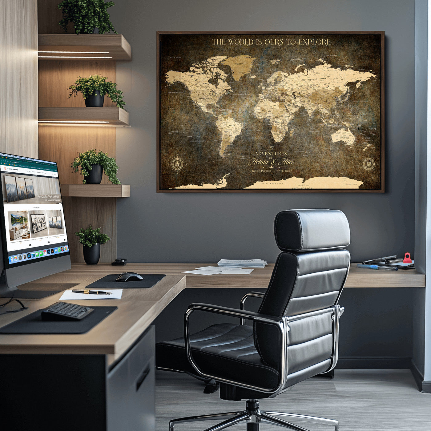 76675404-MGV-CV-36X24-Framed Push Pin World Travel Map – Canvas Wall Art for Tracking Adventures, Decorative Vintage Style Map with Pins for Home or Office - H1