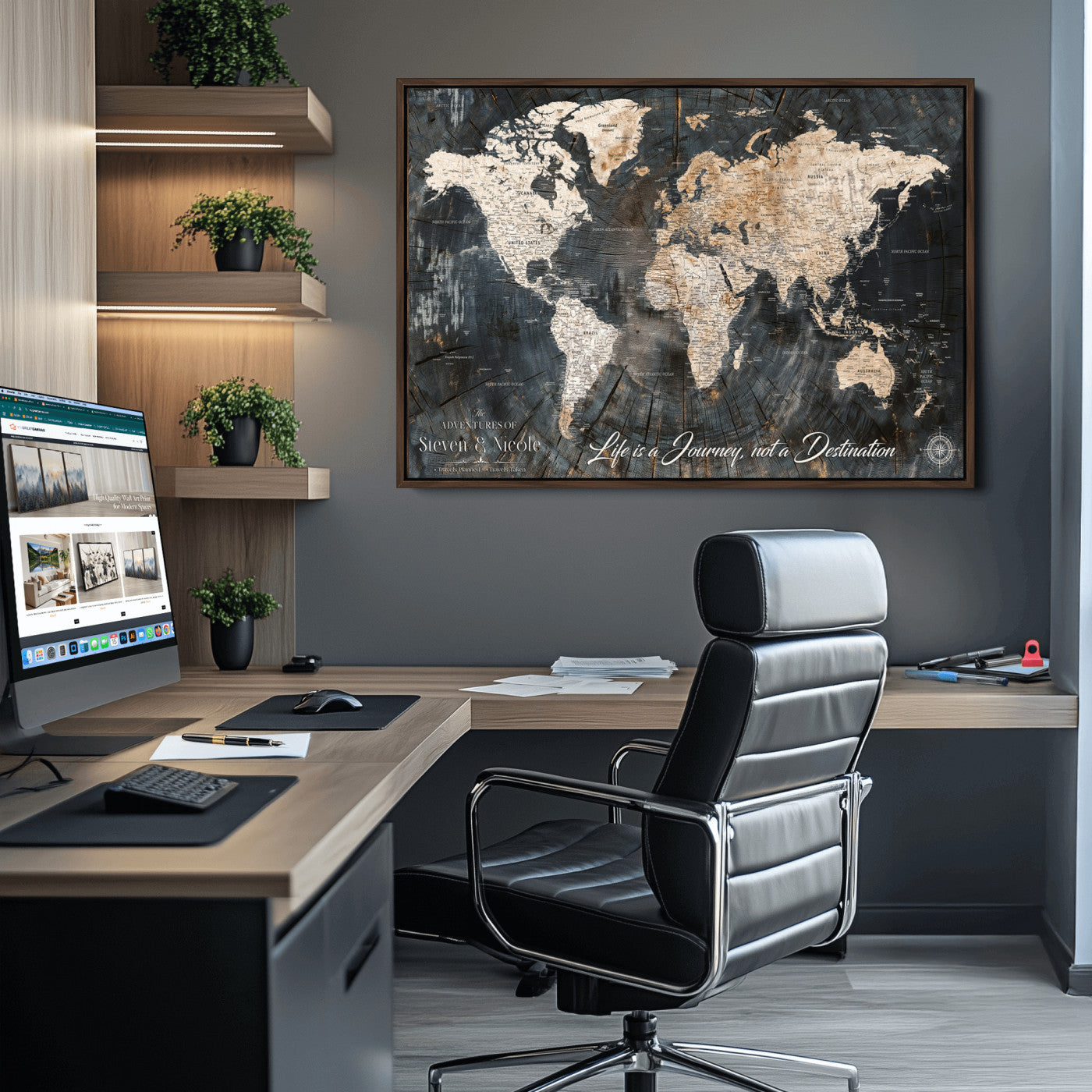 13001721-MGV-CV-36X24-Custom Push Pin World Map Wall Canvas Print – Personalized Travel Tracker with Pins – Framed Large Multi-Size Canvas for Home Office Decor