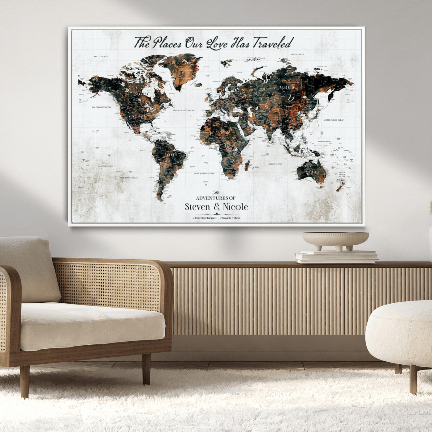 89231588-MGV-FC-36X24_White-World Travel Map with Pins – Framed Canvas Print to Track Adventures and Create a Visual Travel Journal, Ideal Wall Art for Home - H17