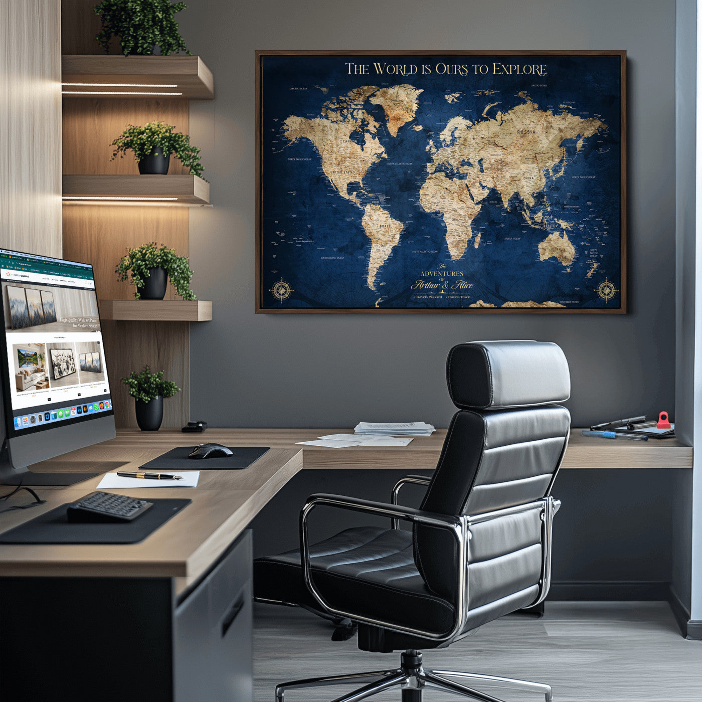 10181149-MGV-CV-36X24-Custom Push Pin World Map Wall Canvas Print – Personalized Travel Tracker with Pins – Framed Large Multi-Size Canvas for Home Office Decor