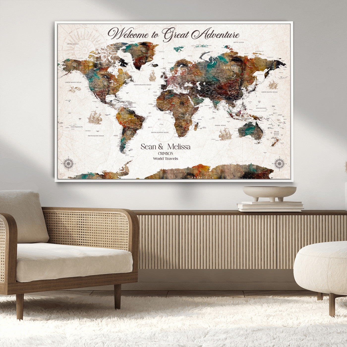 92462592-MGV-CV-36X24-Customize Push Pin World Map Wall Canvas Print – Personalizable Travel World Map with Pins – Framed Personalized Map Print for Couple Gift - H31