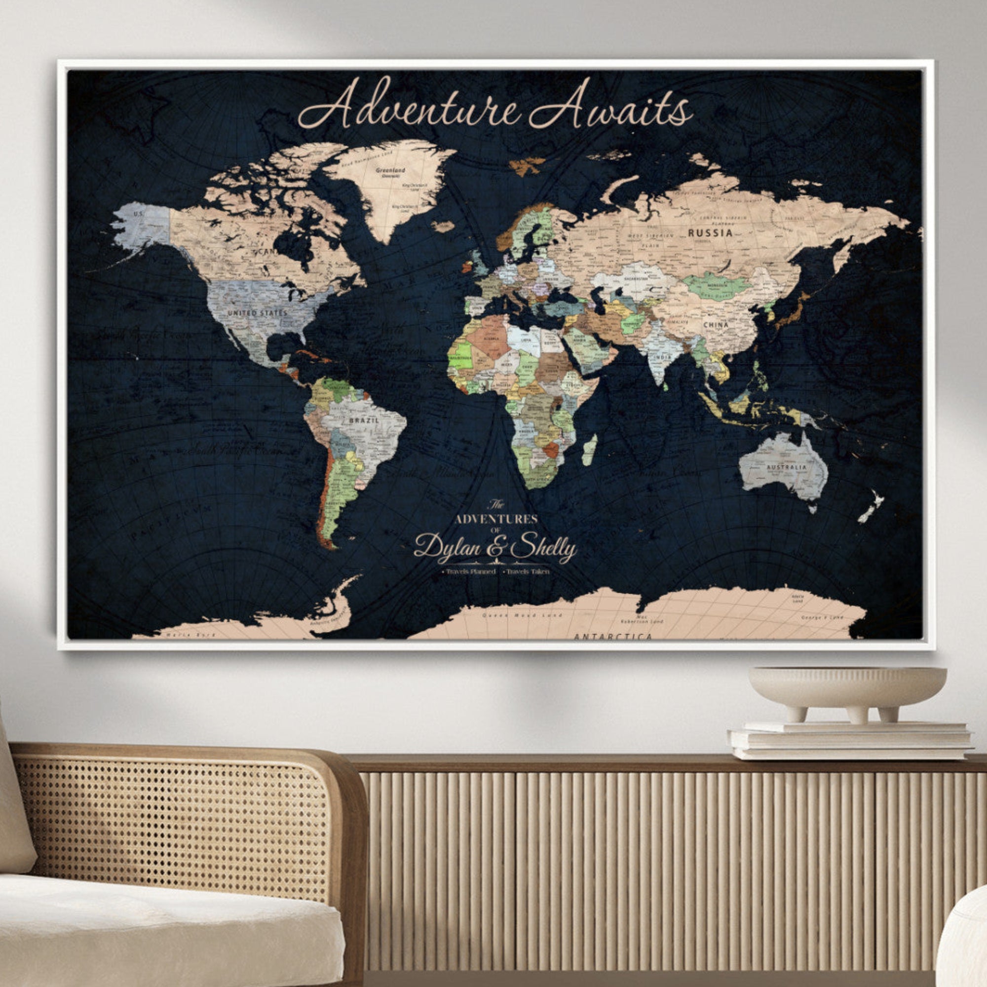 Rehber01-MGV-CV-36X24-Personalized World Map Canvas Print – Framed Push Pin Travel Wall Art for Couples – Adventure & Anniversary Gift