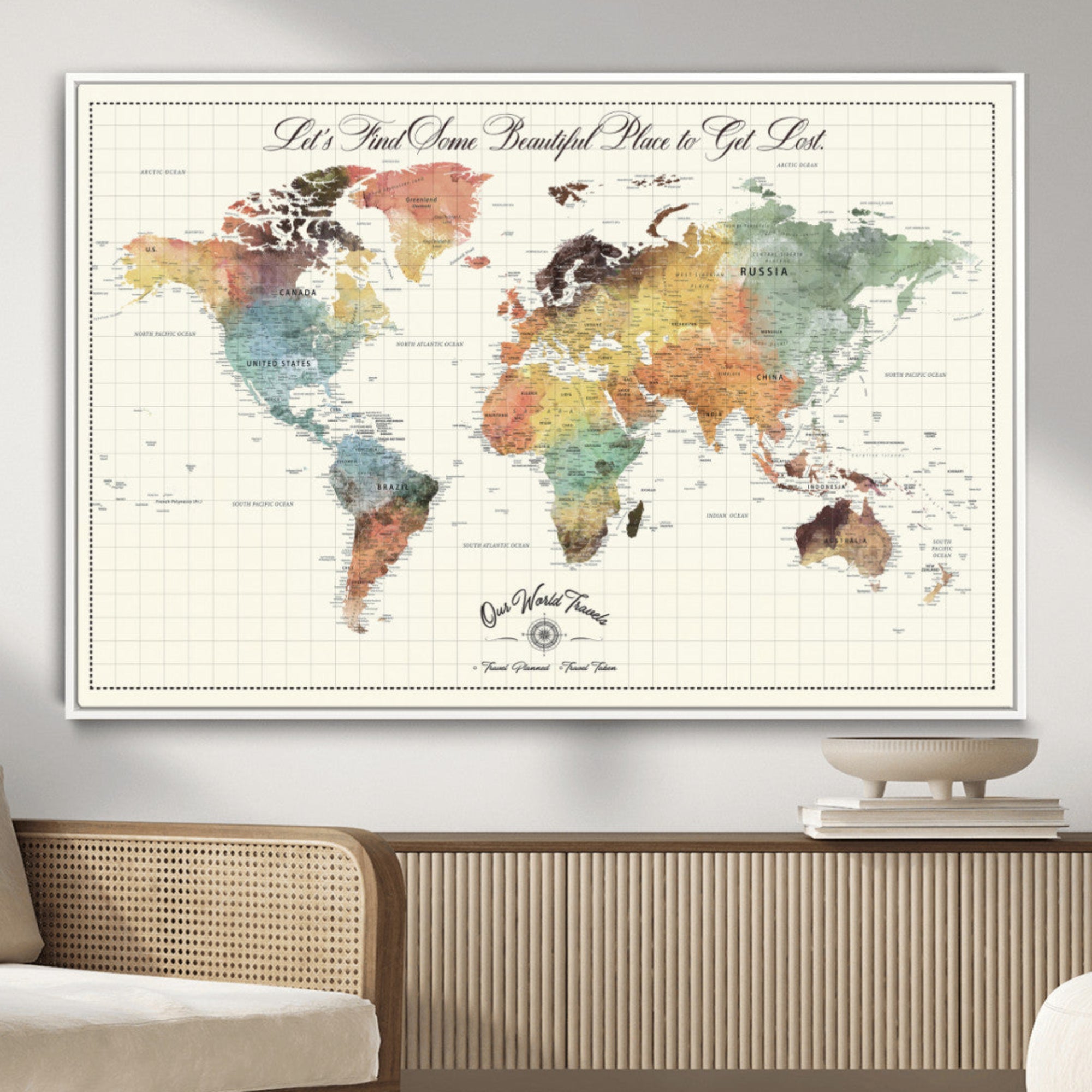Rehber01-MGV-CV-36X24-Personalized Push Pin World Map Canvas Print – Custom Adventure Travel Tracker Map, Framed Wall Art Gift for Couples or Family
