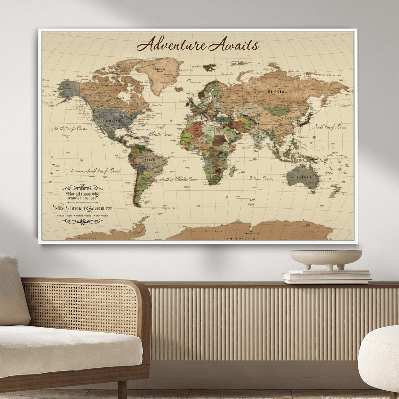 31875069-MGV-FC-36X24 - Customizable Push Pin World Map Wall Canvas Print – Personalize Travel Tracker with Pins – Framed Custom Quotie Canvas for Home Office Decor