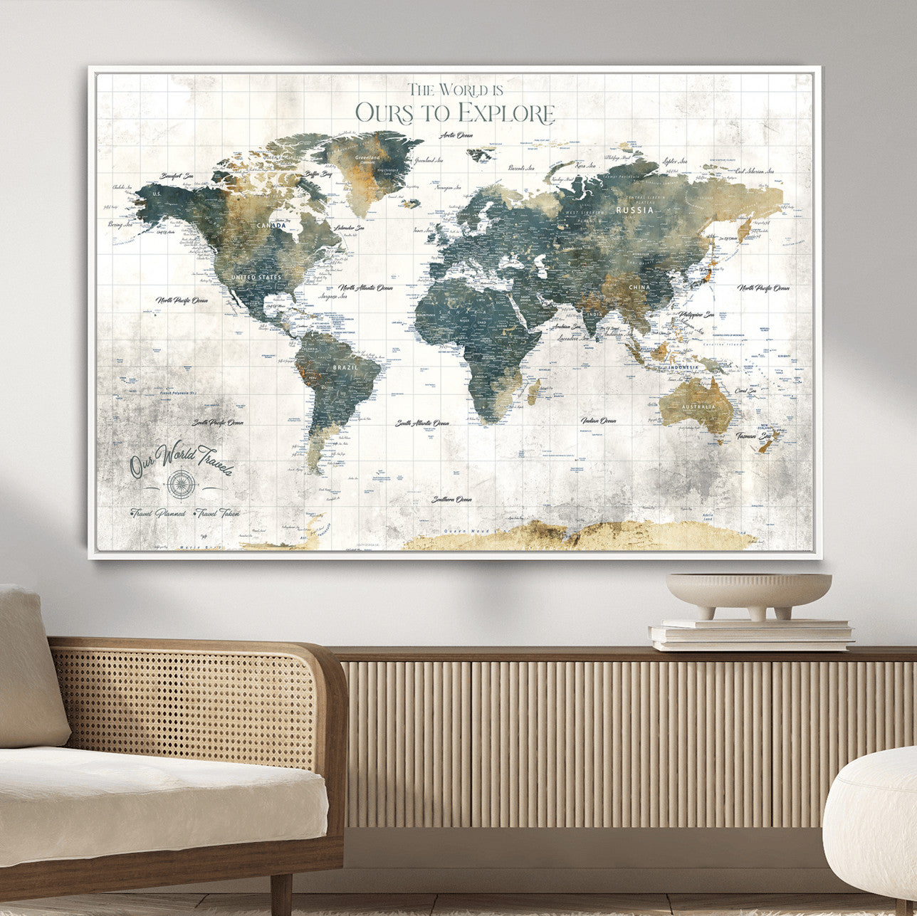 14988581-MGV-FC-36X24 - Custom Push Pin World Map Wall Canvas Print – Personalized Travel Tracker with Pins – Framed Custom Quotie Canvas for Home Office Decor