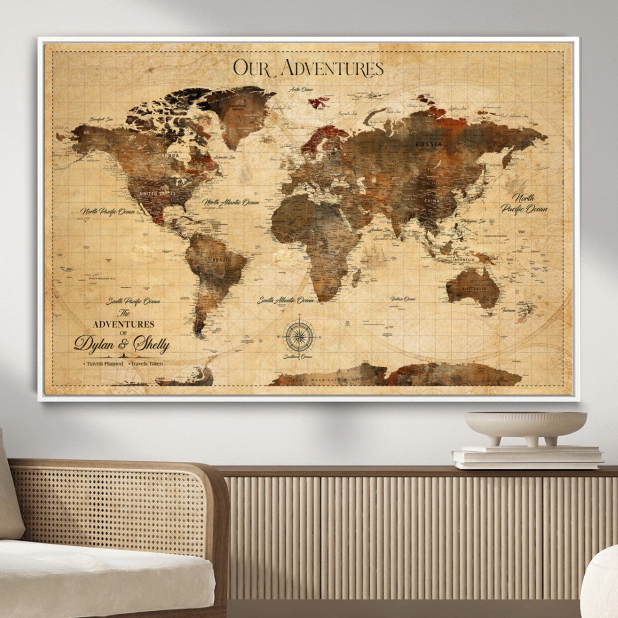 Rehber01-MGV-CV-36X24-Personalized World Map Wall Art Canvas Print – Vintage Travel Map Our Adventures Custom Names Home Office Decor Artwork